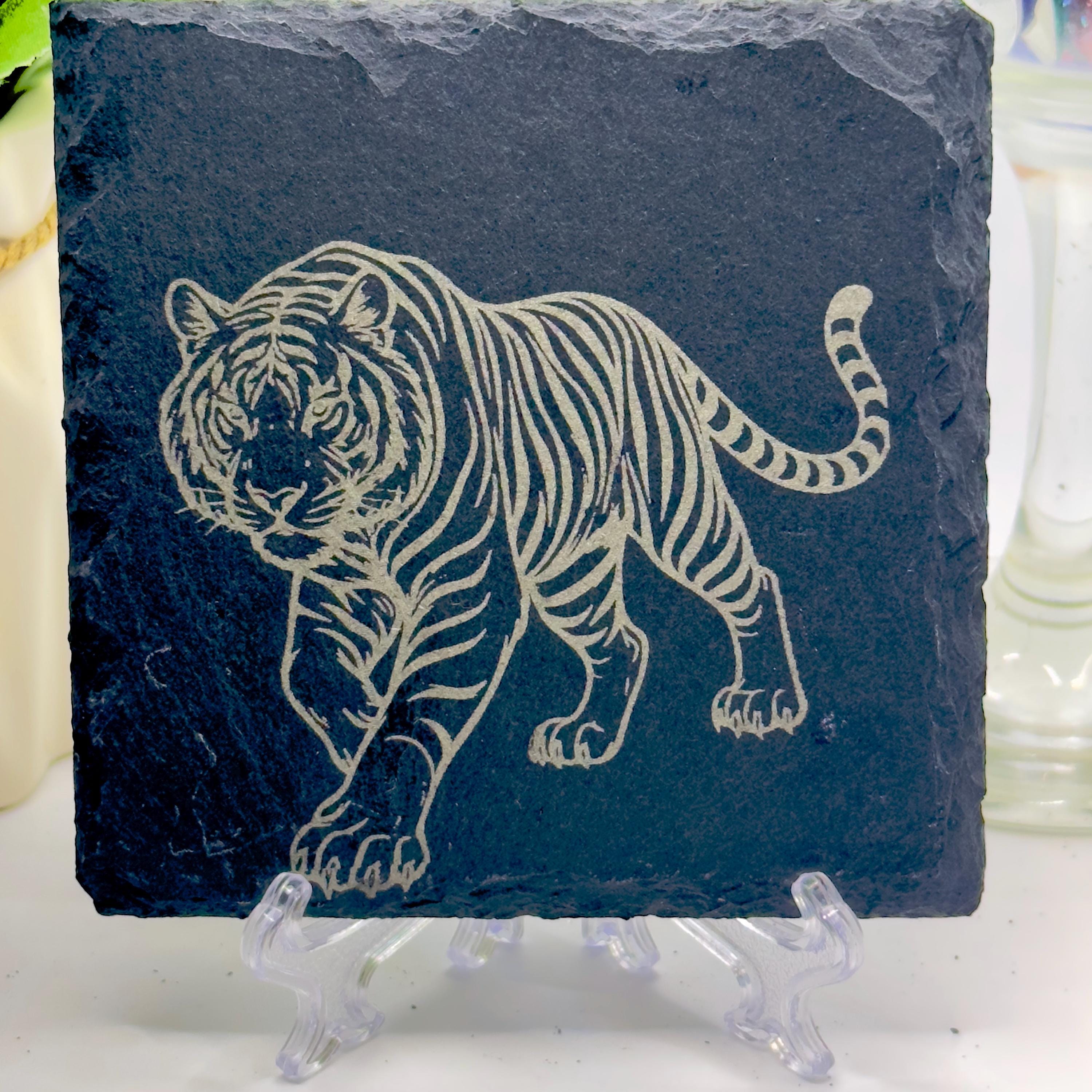 Tiger Slate Coaster | Handmade Engraved Tiger Coaster | Wildlife Animal Gift | Nature Home Decor