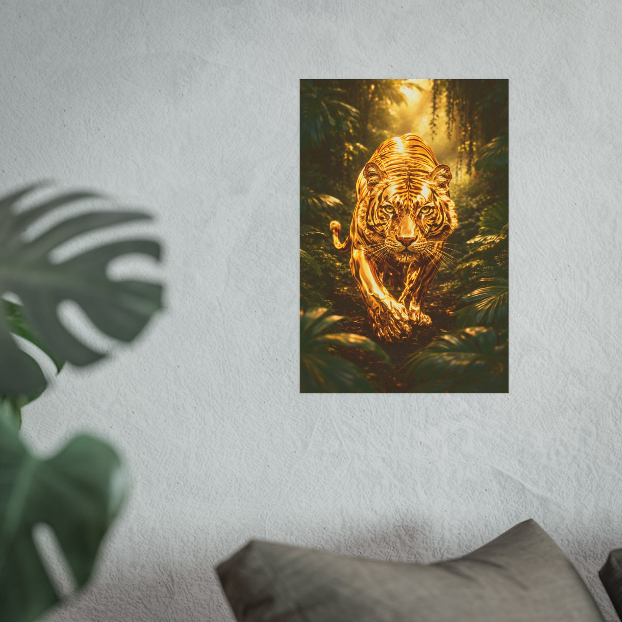 Golden Jungle Tiger Wall Art – Polished Gold Tiger Poster Luxury Wildlife Decor