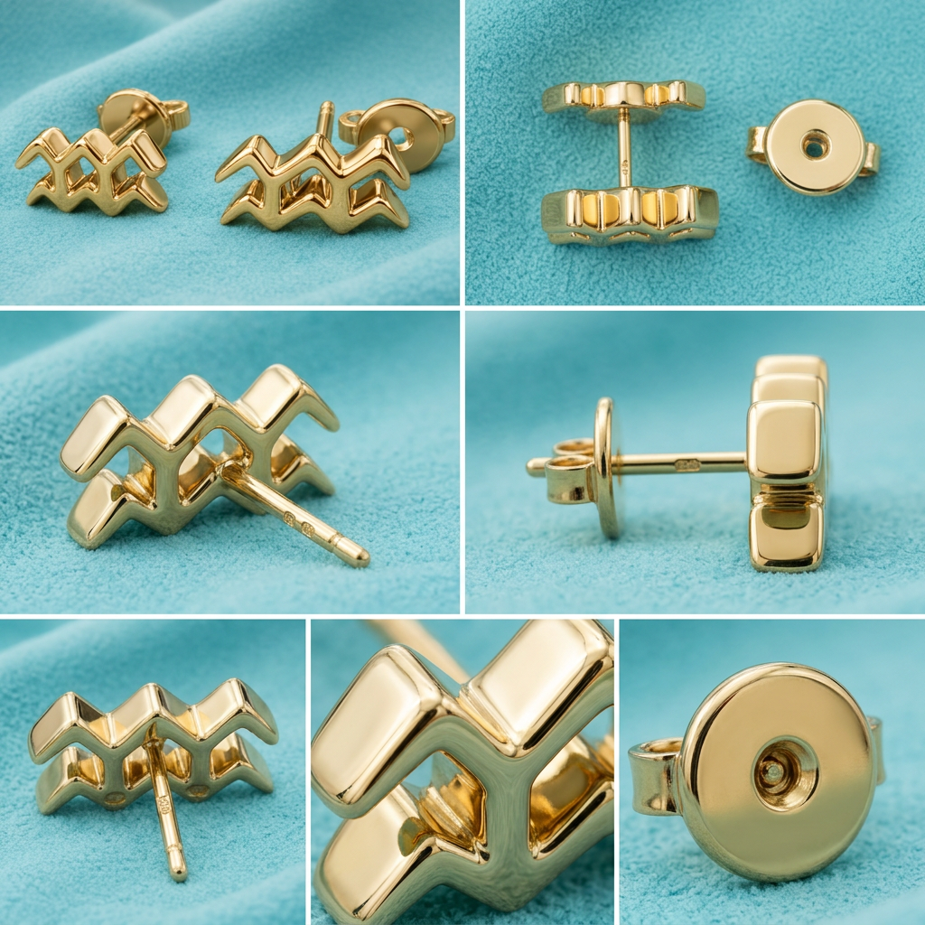 Aquarius Symbol Stud Earrings in Silver and Polished brass | Minimal Zodiac Earrings
