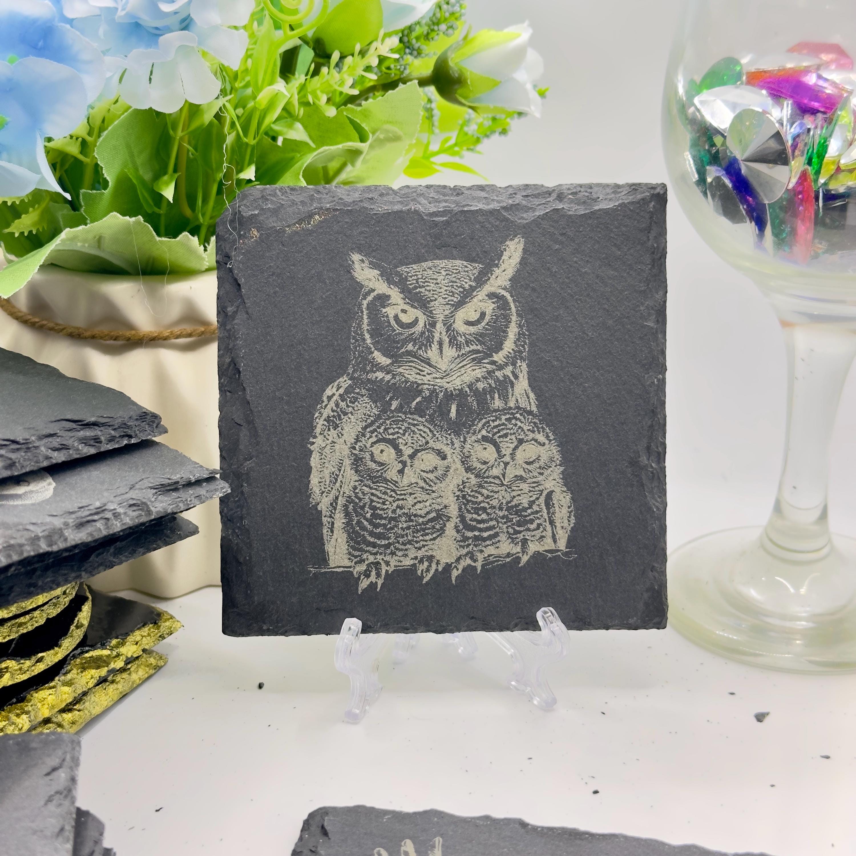 Bird Slate Coaster Collection | Handmade Engraved Bird Coasters | Robin Kingfisher Owl Woodpecker | Wildlife Gift