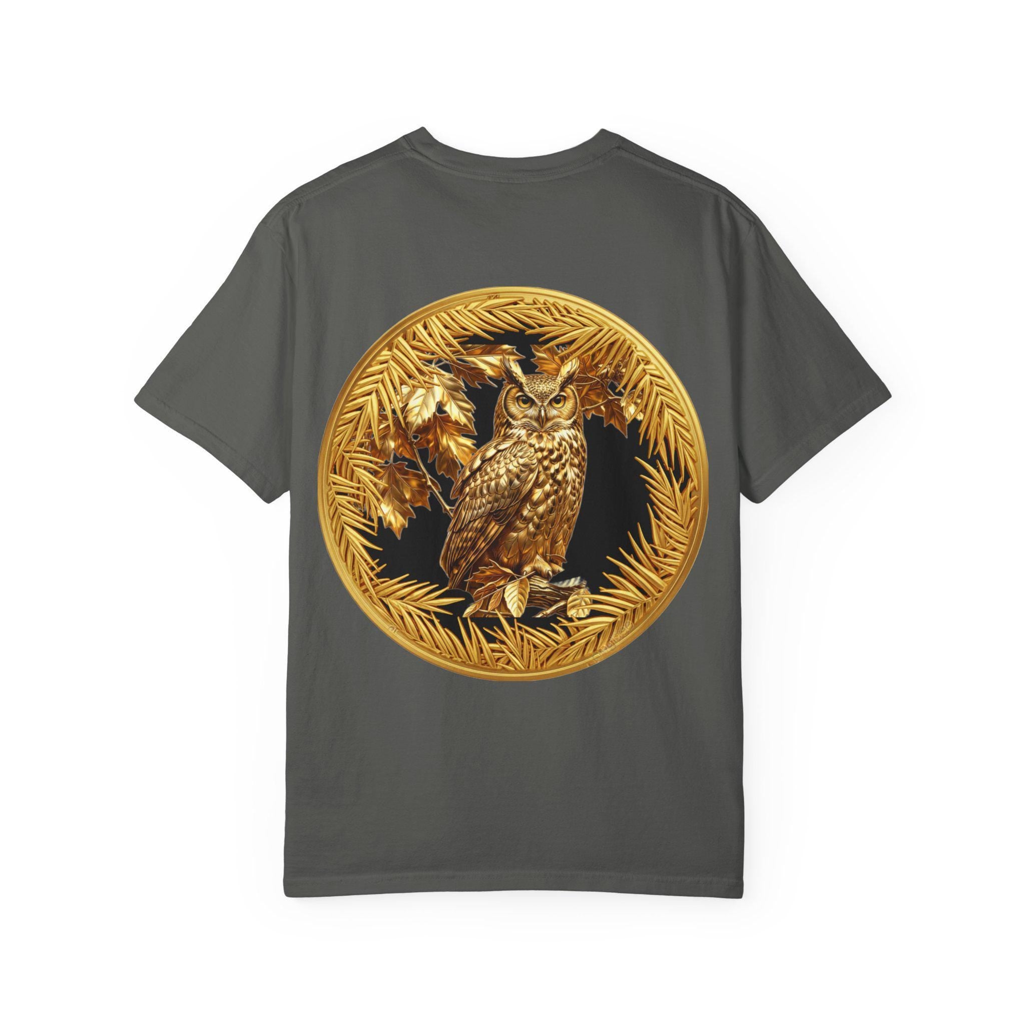 Eared Owl Gold Print T-Shirt Exotic Wildlife Night Scene with Majestic Owl Design