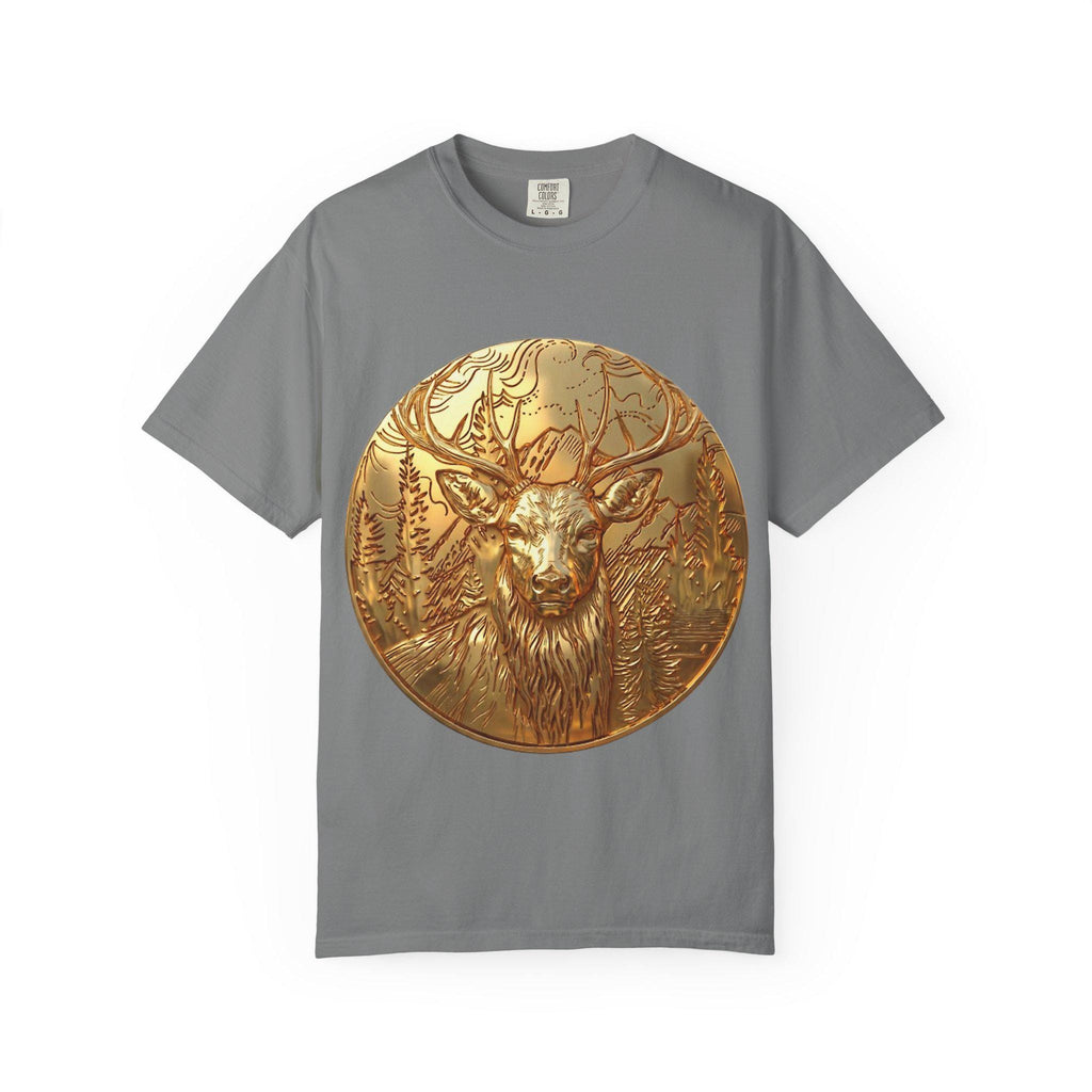 Deer Portrait with Pine Trees gray t-shirt by MokshaGoldSculptures, unique astrology gift design.