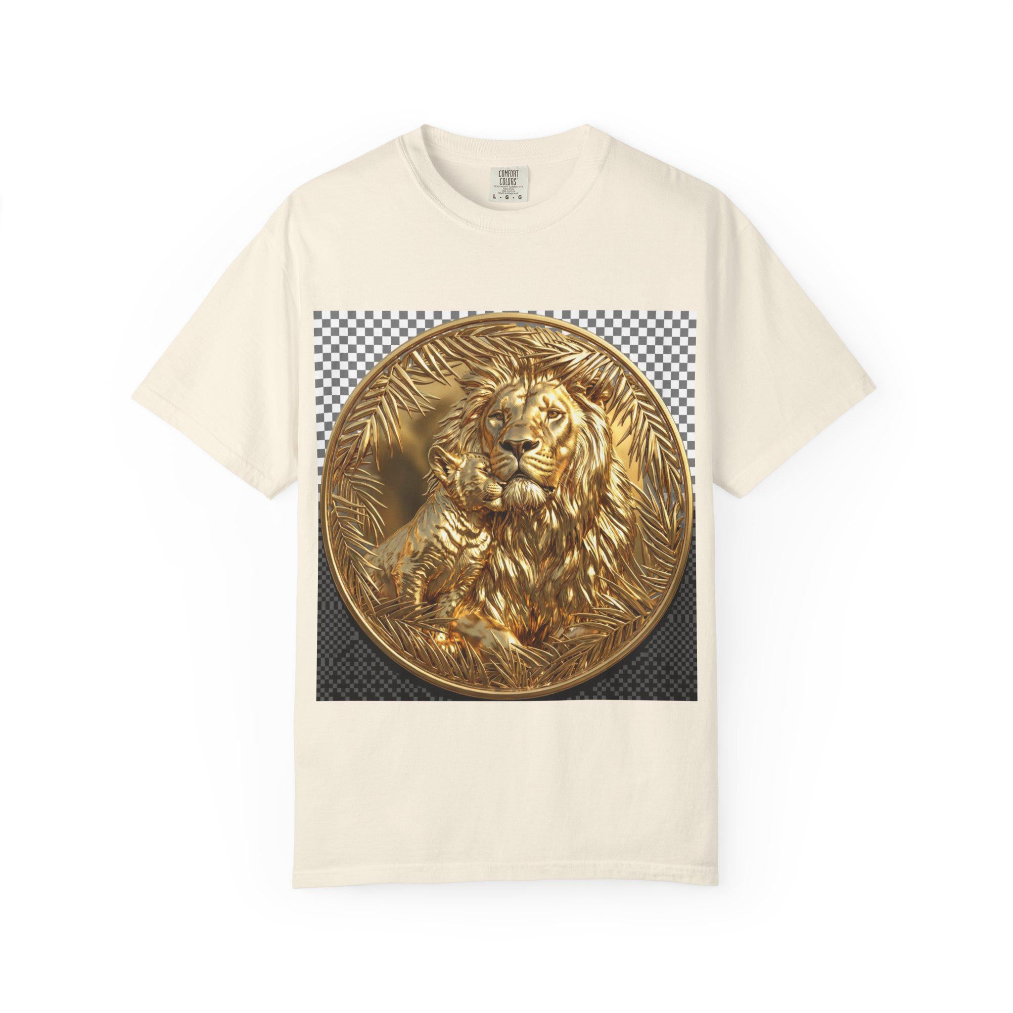 Majestic Lion with Cub Hugging Powerful Father and Cub Wildlife Gold Print T-Shirt