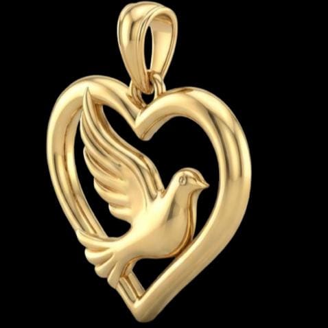 The 3D Dove Pendant in gold-plated finish by MokshaGoldSculptures featuring a heart outline and flying dove.