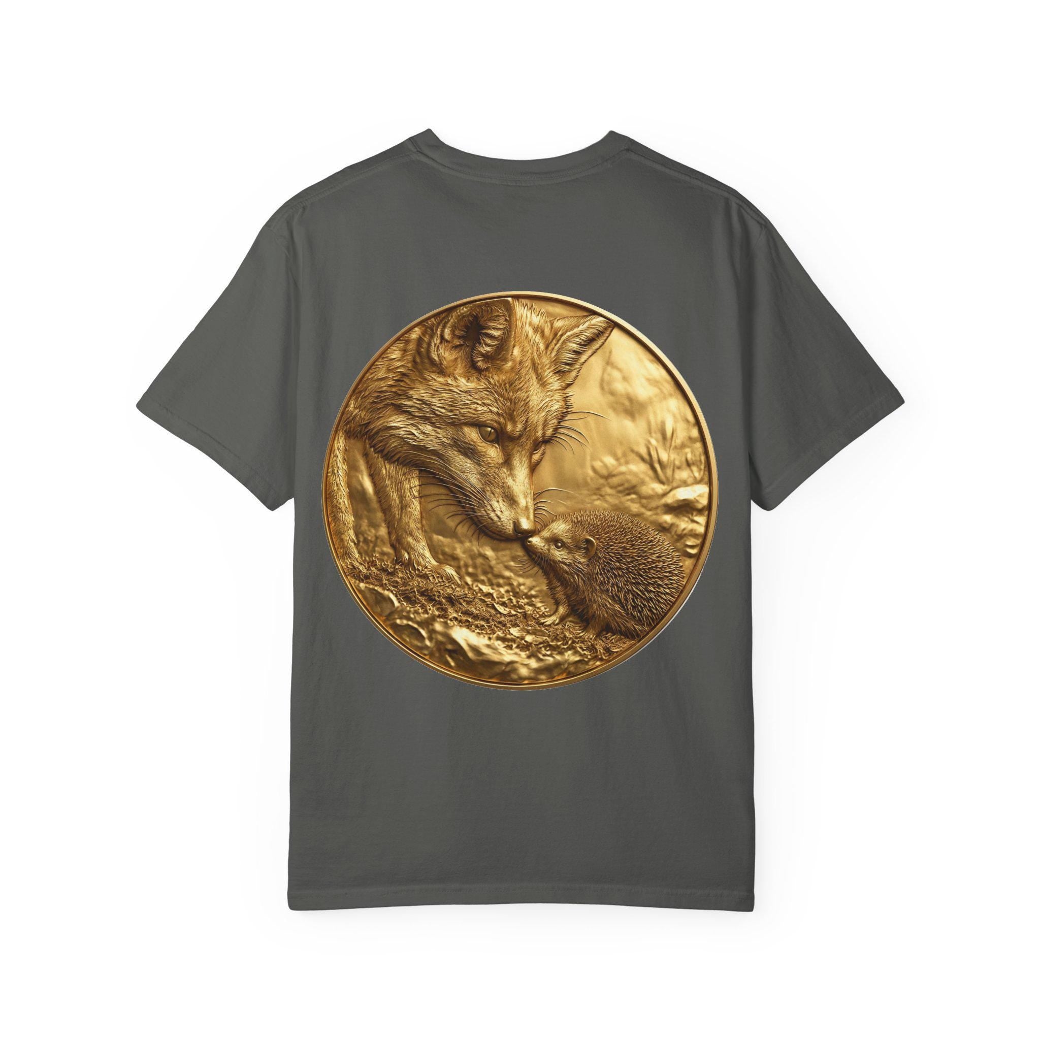 Golden Fox and Hedgehog T-Shirt  Curious Wildlife Scene in Luxury Gold Print Design