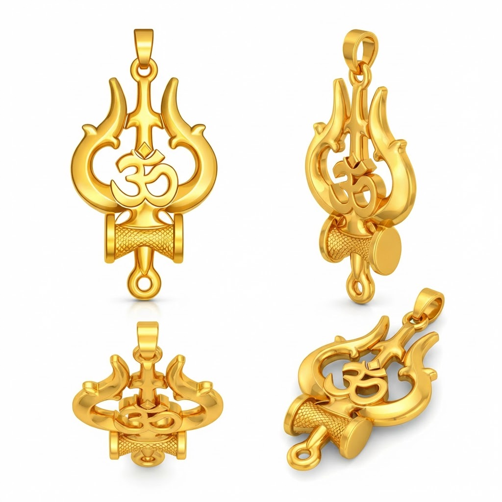 Gold Om Shiva Trishul Pendant 35x22mm – Polished Necklace Charm – Jewelry Casting Design