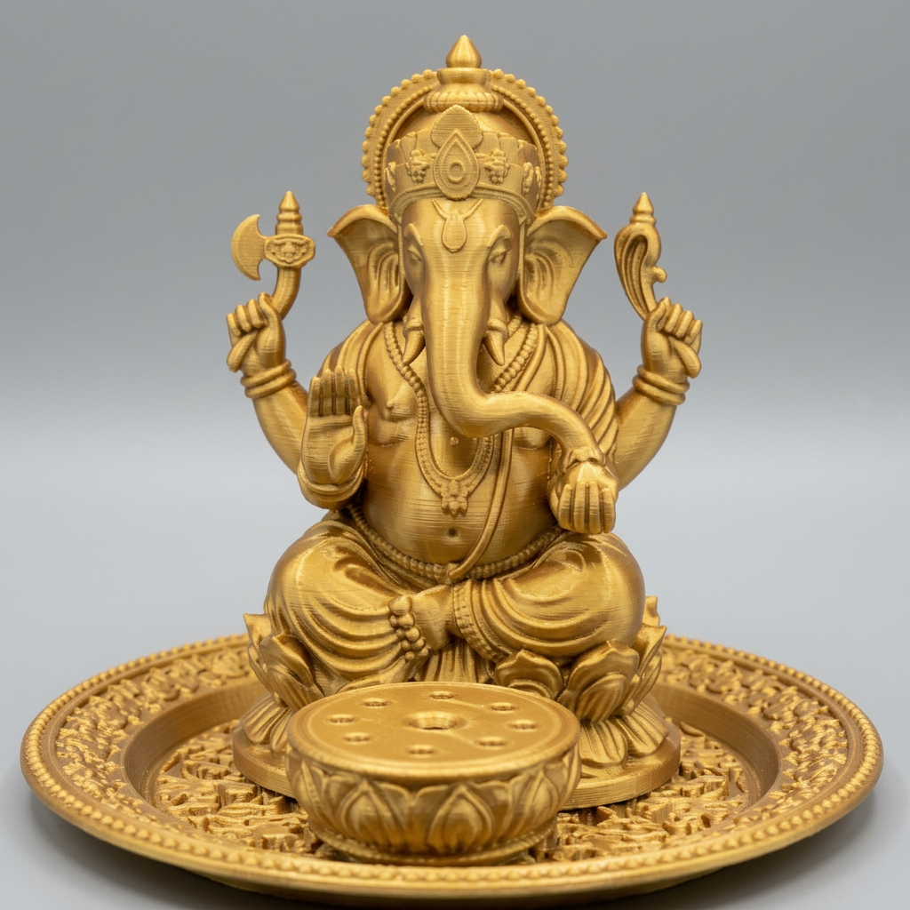 The Ganesh Incense Holder Tray by MokshaGoldSculptures, ornate finish, PLA & resin, with Ganesha statue and incense disk.