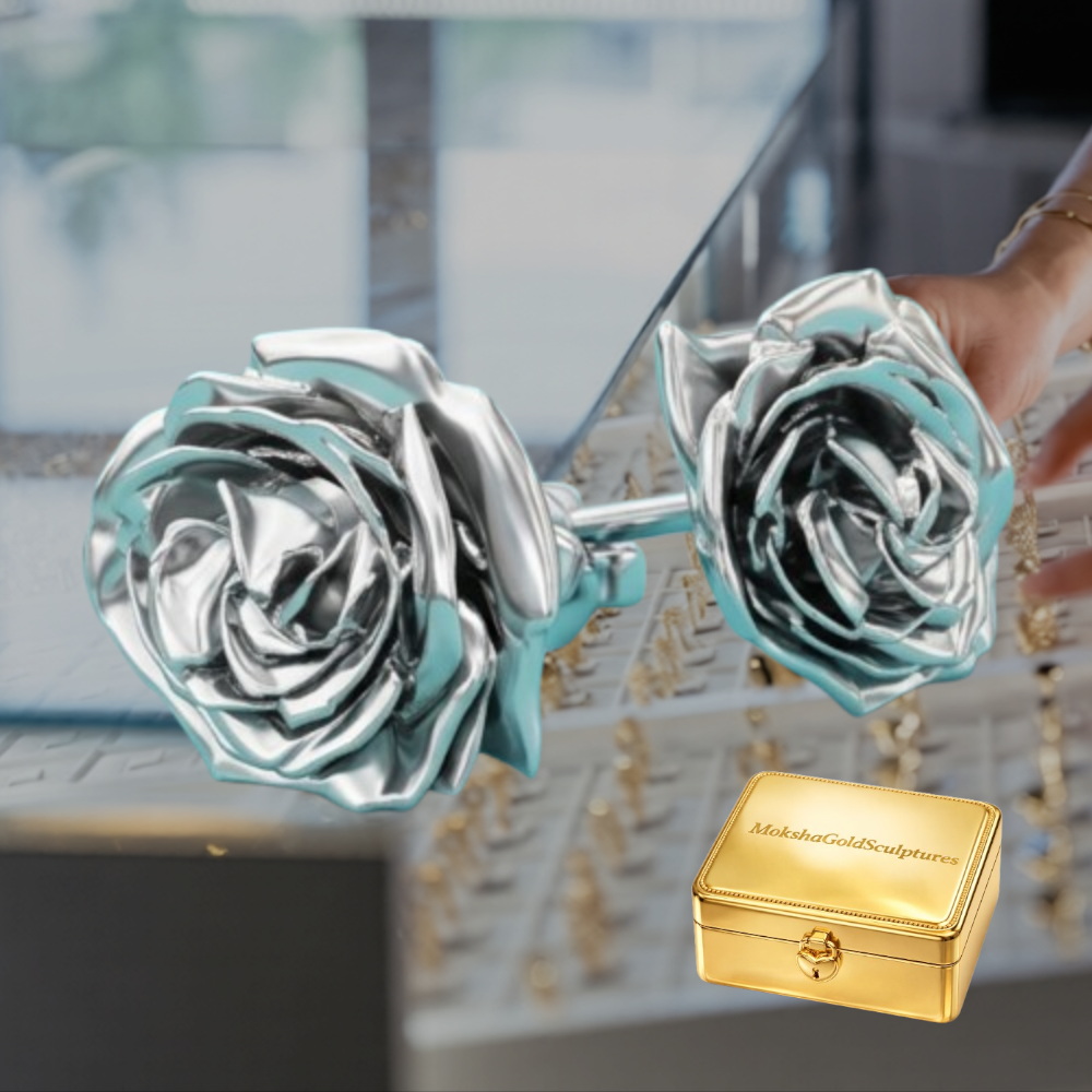 Rose Stud Earrings in Polished Silver & Polished Brass | 14mm Floral Earrings | Sculpted Rose Jewellery | Lightweight Botanical Studs