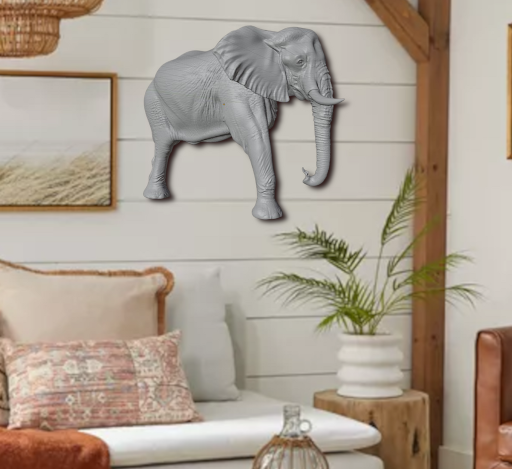 Elephant Wall Mount 3D Print | Wildlife Wall Decor | PLA Grey Sculpture | Large Animal Wall Art | 250mm Elephant Relief