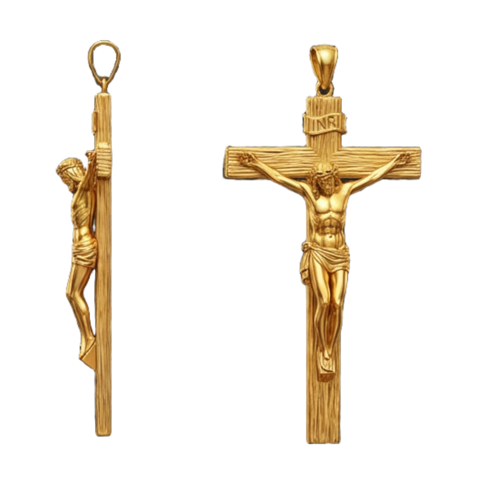 Polished Gold Crucifix Pendant 25x8x12mm – Wood Texture Cross – INRI Religious Charm