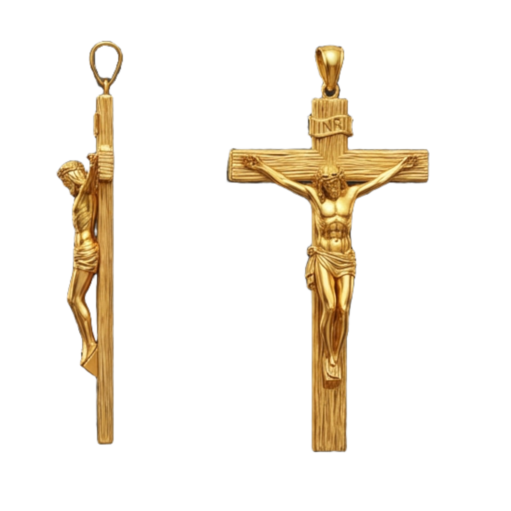 Polished Gold Crucifix Pendant 25x8x12mm – Wood Texture Cross – INRI Religious Charm