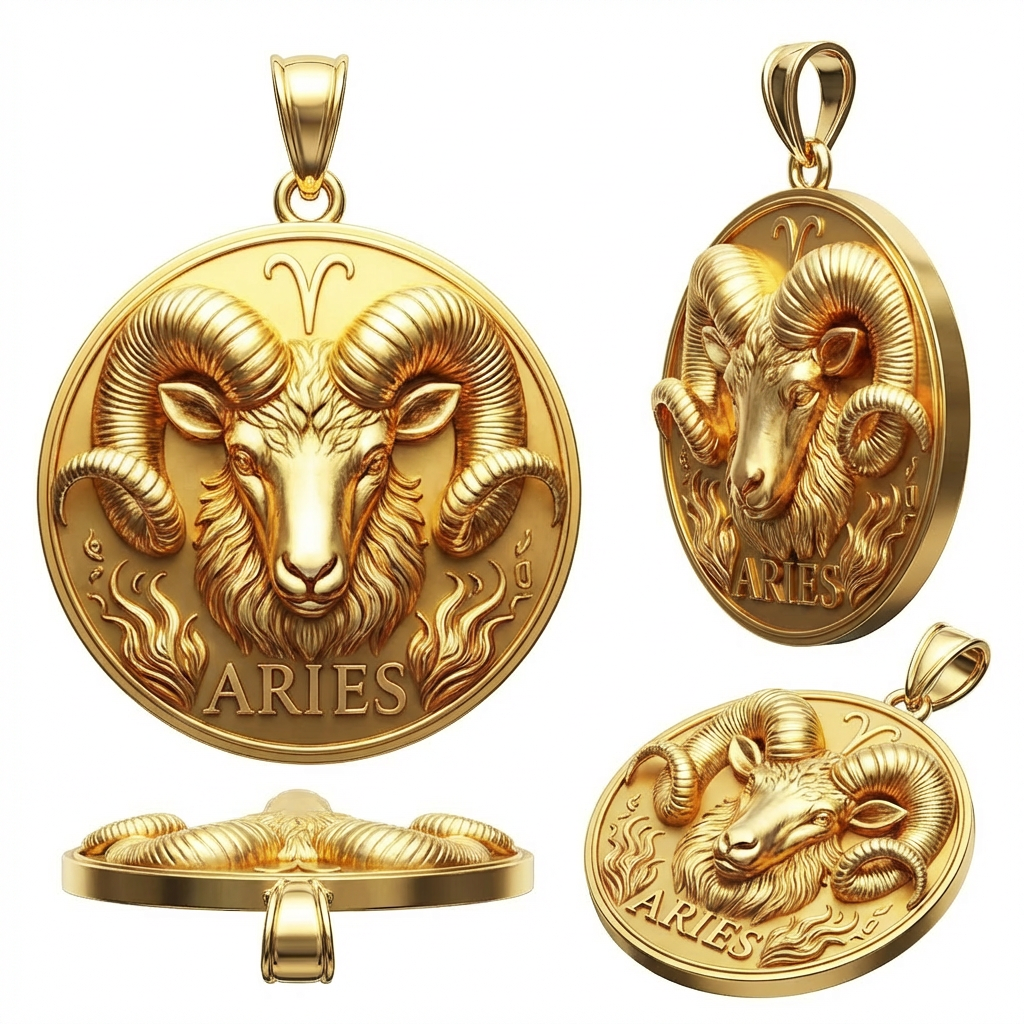 Aries Zodiac Pendant 3D – Ram Design, Gold or Silver, Astrology Jewelry Gift