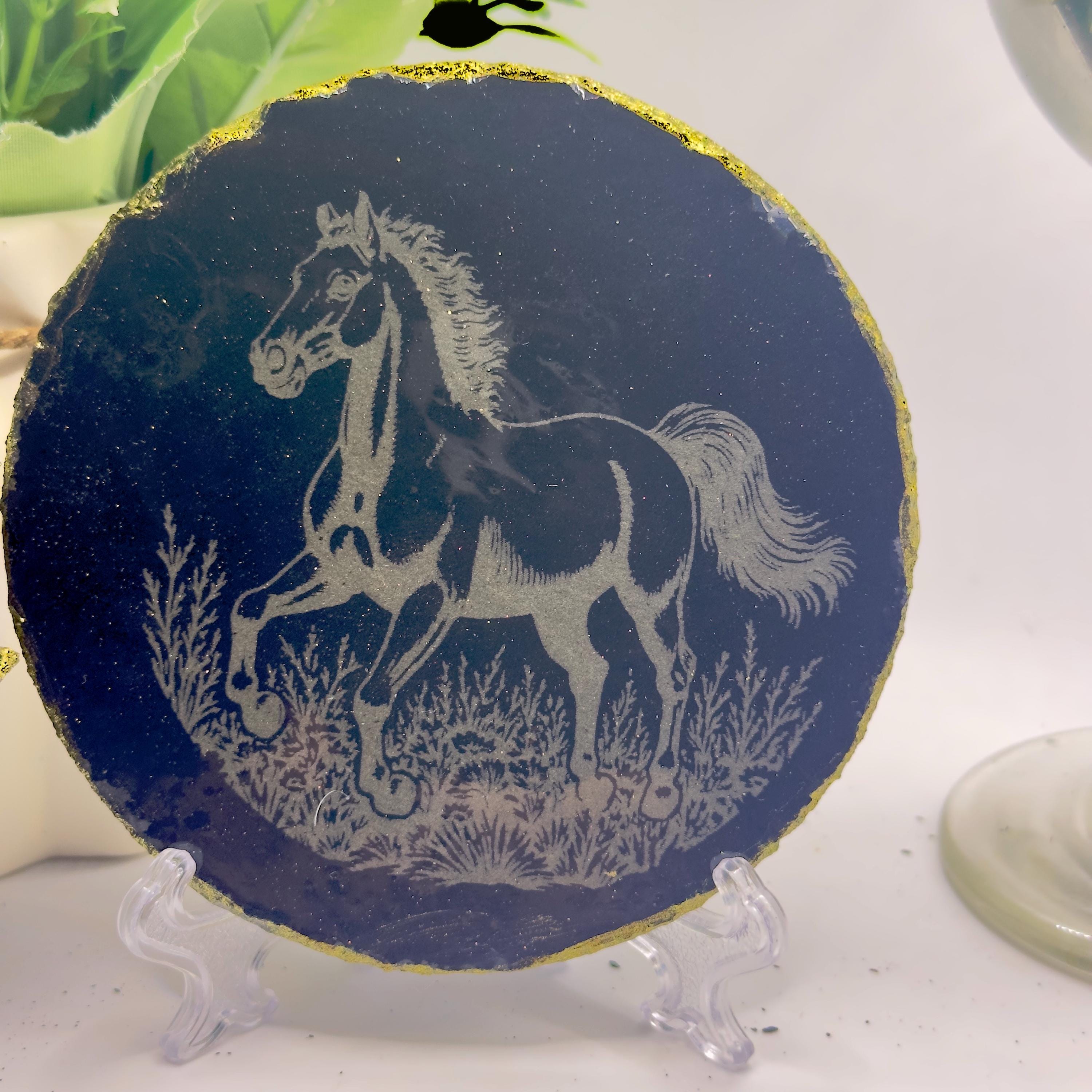 Galloping Horse Slate Coaster | Gold Rim & Epoxy Finish | Handmade Equestrian Decor | Unique Gift