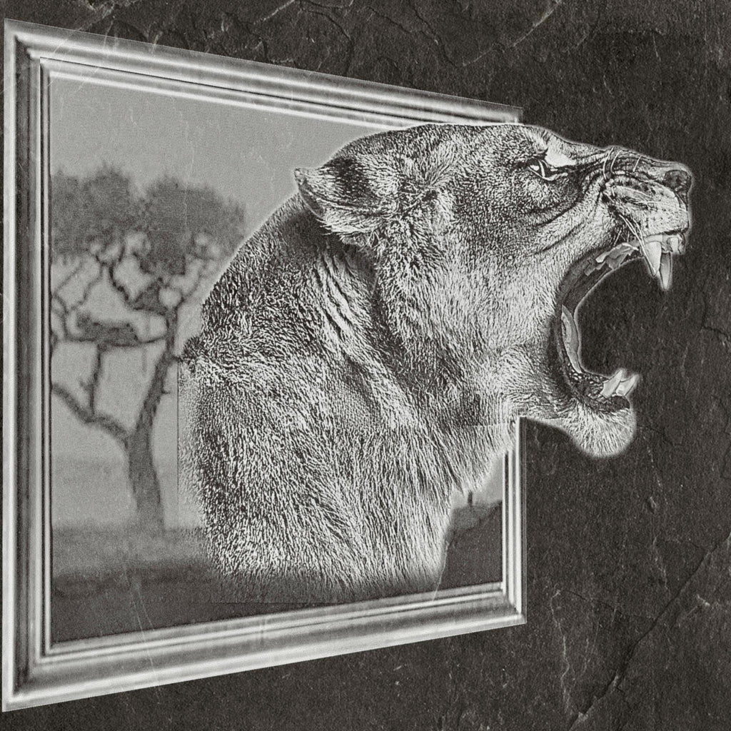 The Lions & Tigers 3D Effect pendant in gold high polish by MokshaGoldSculptures, leaping big cats and misty frames.