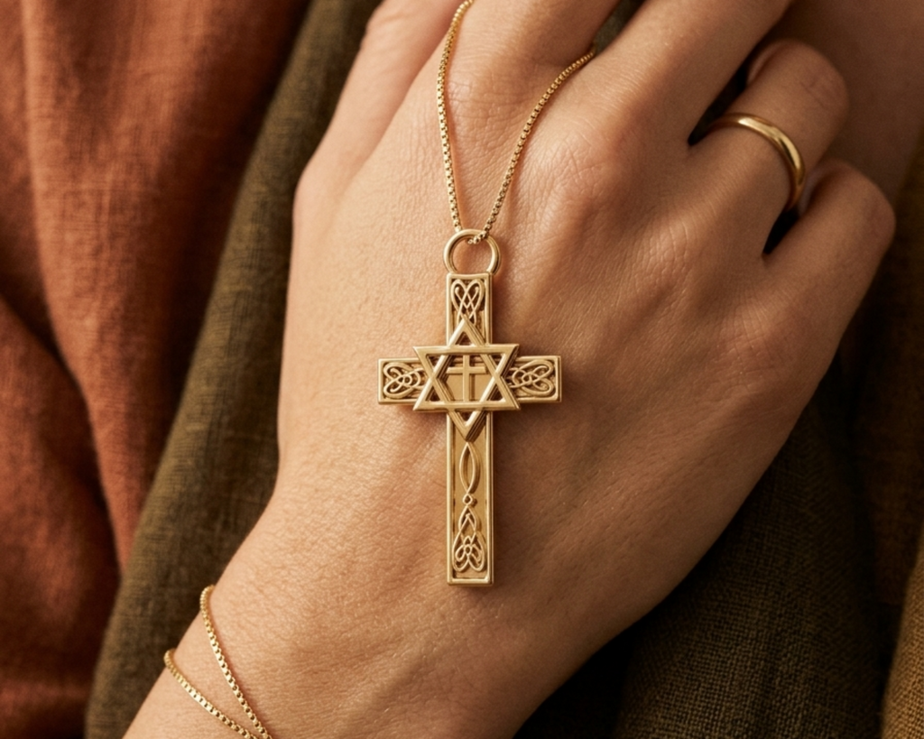 Celtic Cross with Star of David Pendant Necklace | Interfaith Jewellery | 18K Gold & Sterling Silver