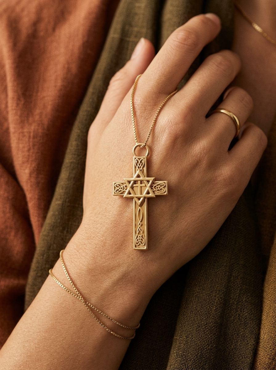 Celtic Cross with Star of David Pendant Necklace | Interfaith Jewellery | 18K Gold & Sterling Silver