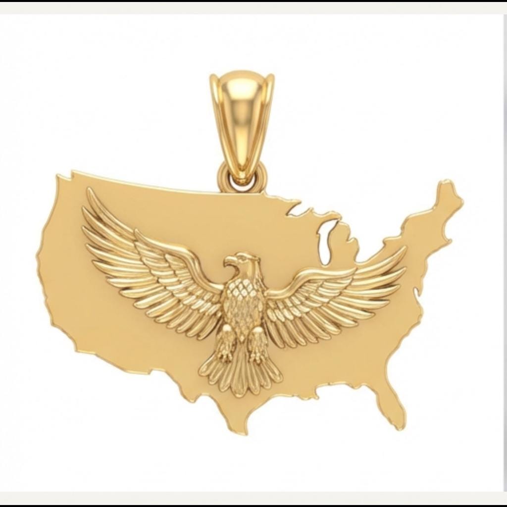 USA Eagle Map Pendant with Bail in gold or silver by MokshaGoldSculptures, detailed finish, pendant only on white background.  MokshaGoldSculptures