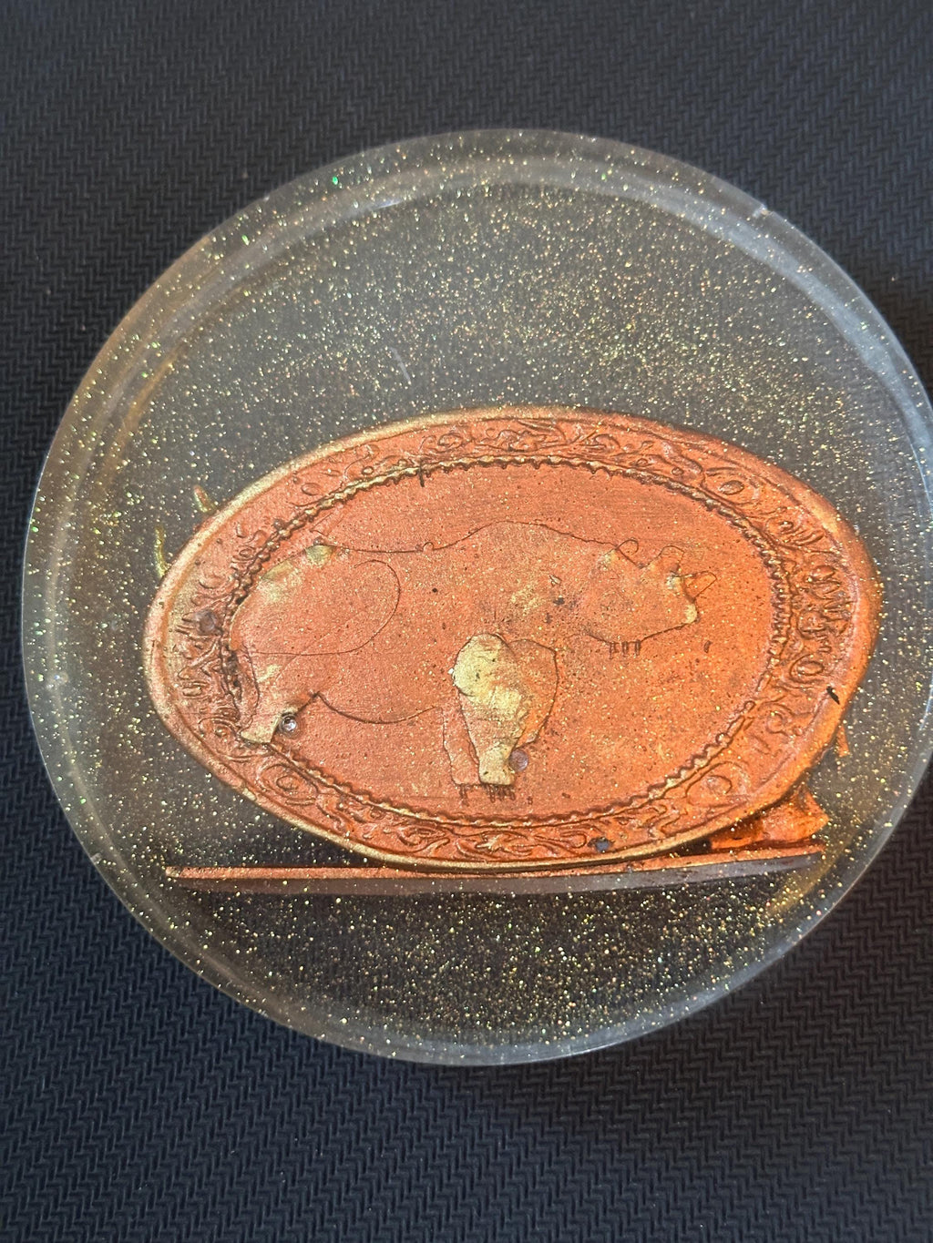 Rhinoceros with Cub – Gold Resin Coaster on Copper Background