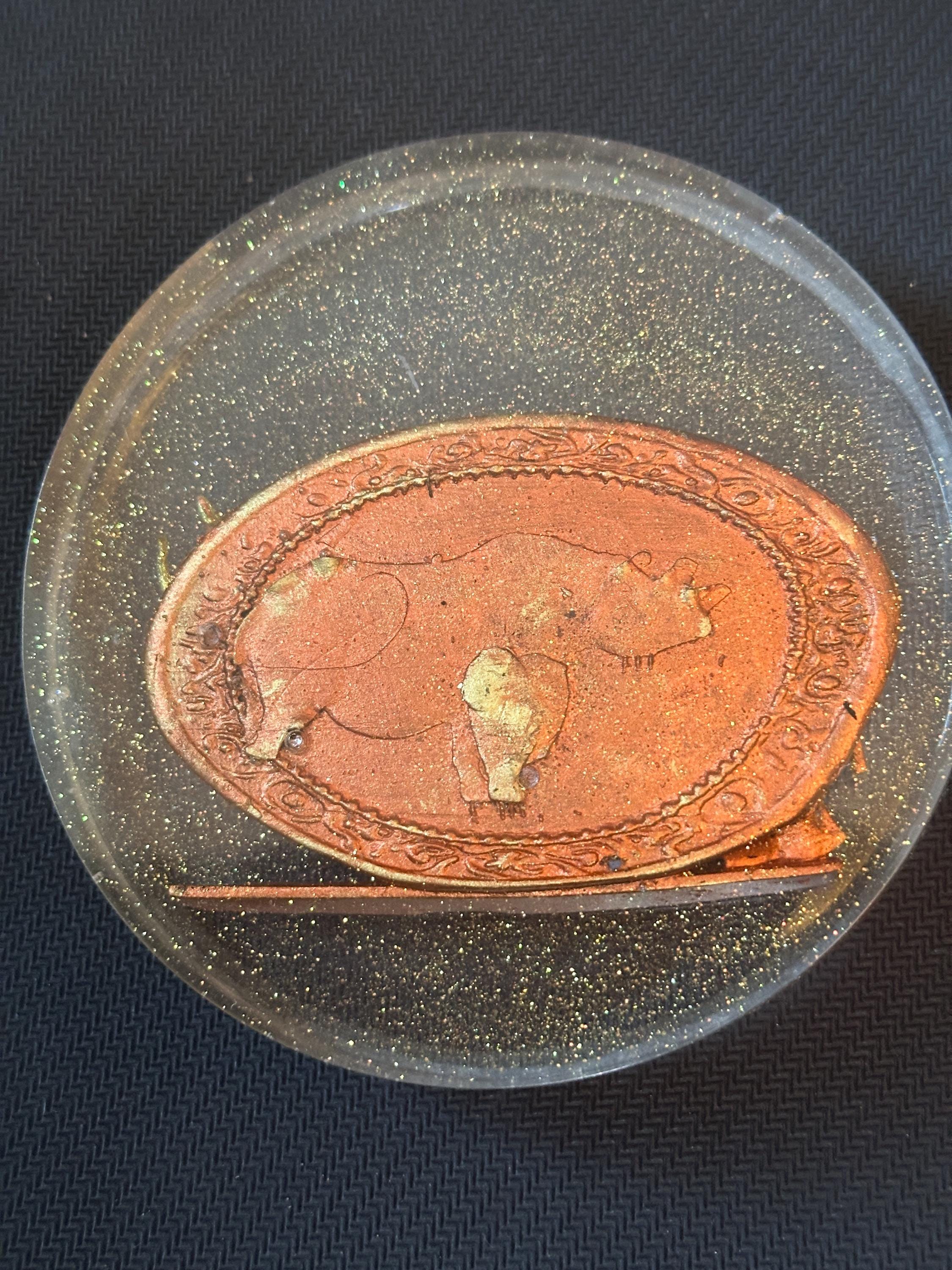 Rhinoceros with Cub – Gold Resin Coaster on Copper Background