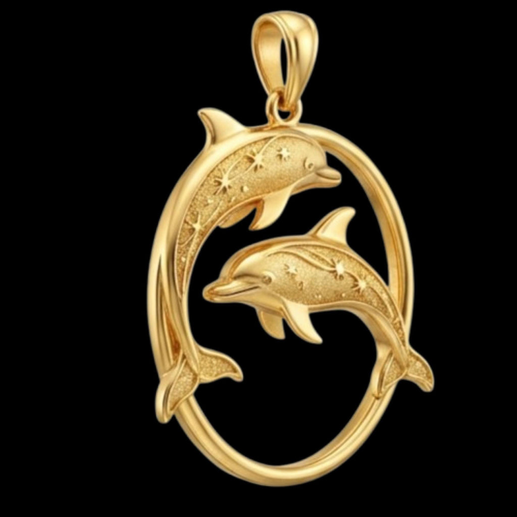 The Dolphin Pendant in gold or sterling silver, circle necklace by MokshaGoldSculptures with engraved star dolphins.
