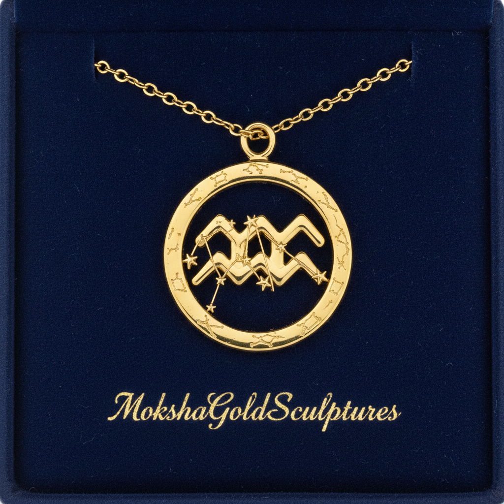 Aquarius Symbol Zodiac Pendant Necklace, 25mm Aquarius Constellation Pendant, Water Bearer Astrology Necklace, 9K Gold, Sterling Silver or Yellow Brass Gift