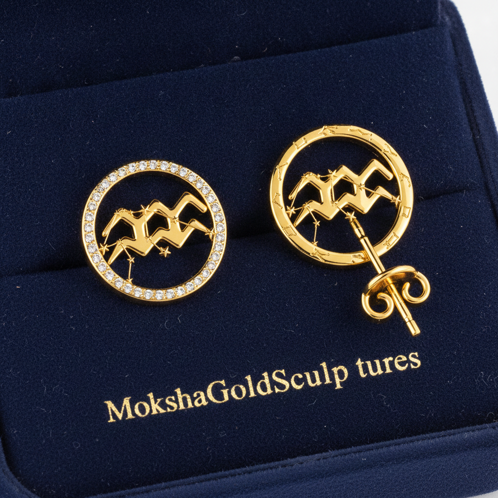 Aquarius Zodiac Stud Earrings, 18mm Astrology Earrings, Water Bearer Constellation Earrings, 9K Gold, Sterling Silver or Yellow Brass Gift
