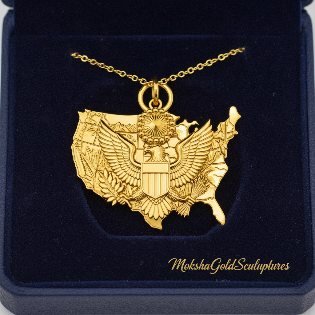USA Eagle Map Pendant Necklace, 25mm Patriotic USA Necklace, American Eagle Jewellery, 250th Anniversary Gift, 9K Gold, Sterling Silver or Brass