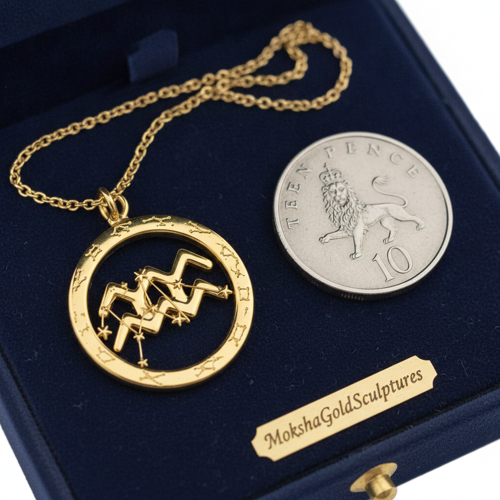 Aquarius Symbol Zodiac Pendant Necklace, 25mm Aquarius Constellation Pendant, Water Bearer Astrology Necklace, 9K Gold, Sterling Silver or Yellow Brass Gift