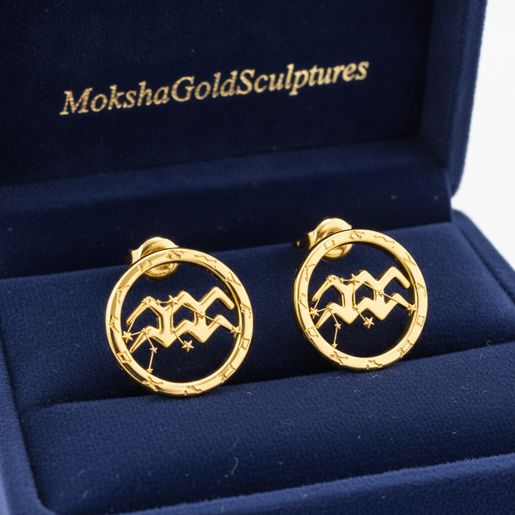 Aquarius Zodiac Stud Earrings, 18mm Astrology Earrings, Water Bearer Constellation Earrings, 9K Gold, Sterling Silver or Yellow Brass Gift