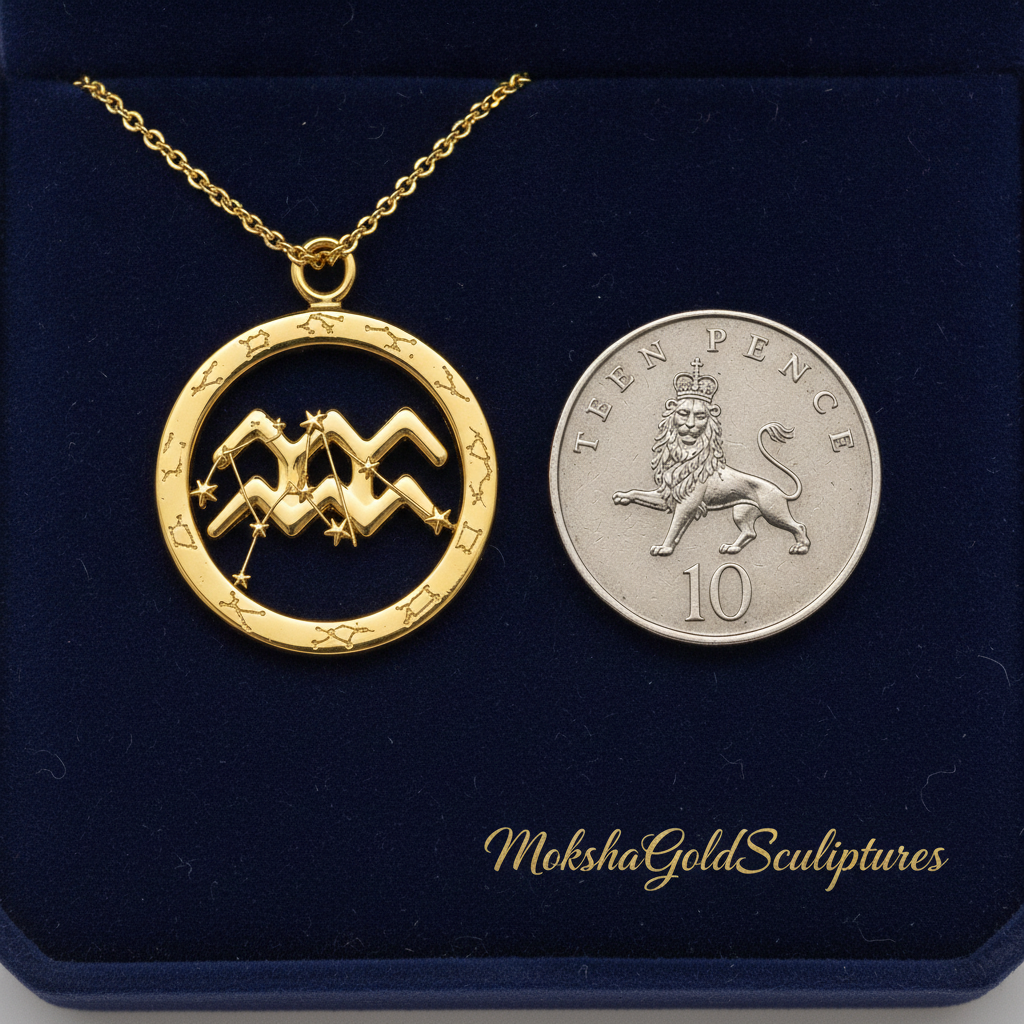 Aquarius Symbol Zodiac Pendant Necklace, 25mm Aquarius Constellation Pendant, Water Bearer Astrology Necklace, 9K Gold, Sterling Silver or Yellow Brass Gift