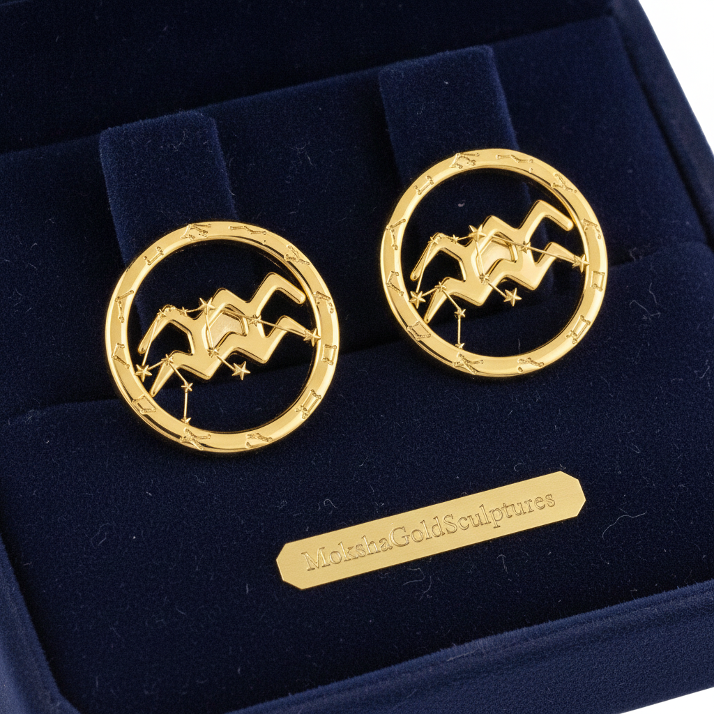 Aquarius Zodiac Stud Earrings, 18mm Astrology Earrings, Water Bearer Constellation Earrings, 9K Gold, Sterling Silver or Yellow Brass Gift