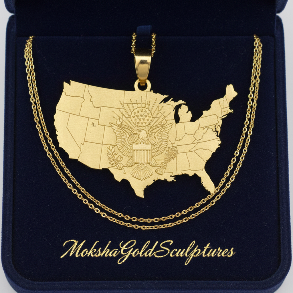 USA Eagle Map Pendant Necklace, 25mm Patriotic USA Necklace, American Eagle Jewellery, 250th Anniversary Gift, 9K Gold, Sterling Silver or Brass