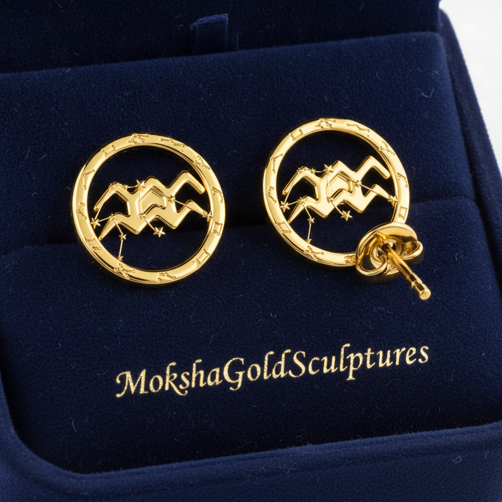 Aquarius Zodiac Stud Earrings, 18mm Astrology Earrings, Water Bearer Constellation Earrings, 9K Gold, Sterling Silver or Yellow Brass Gift