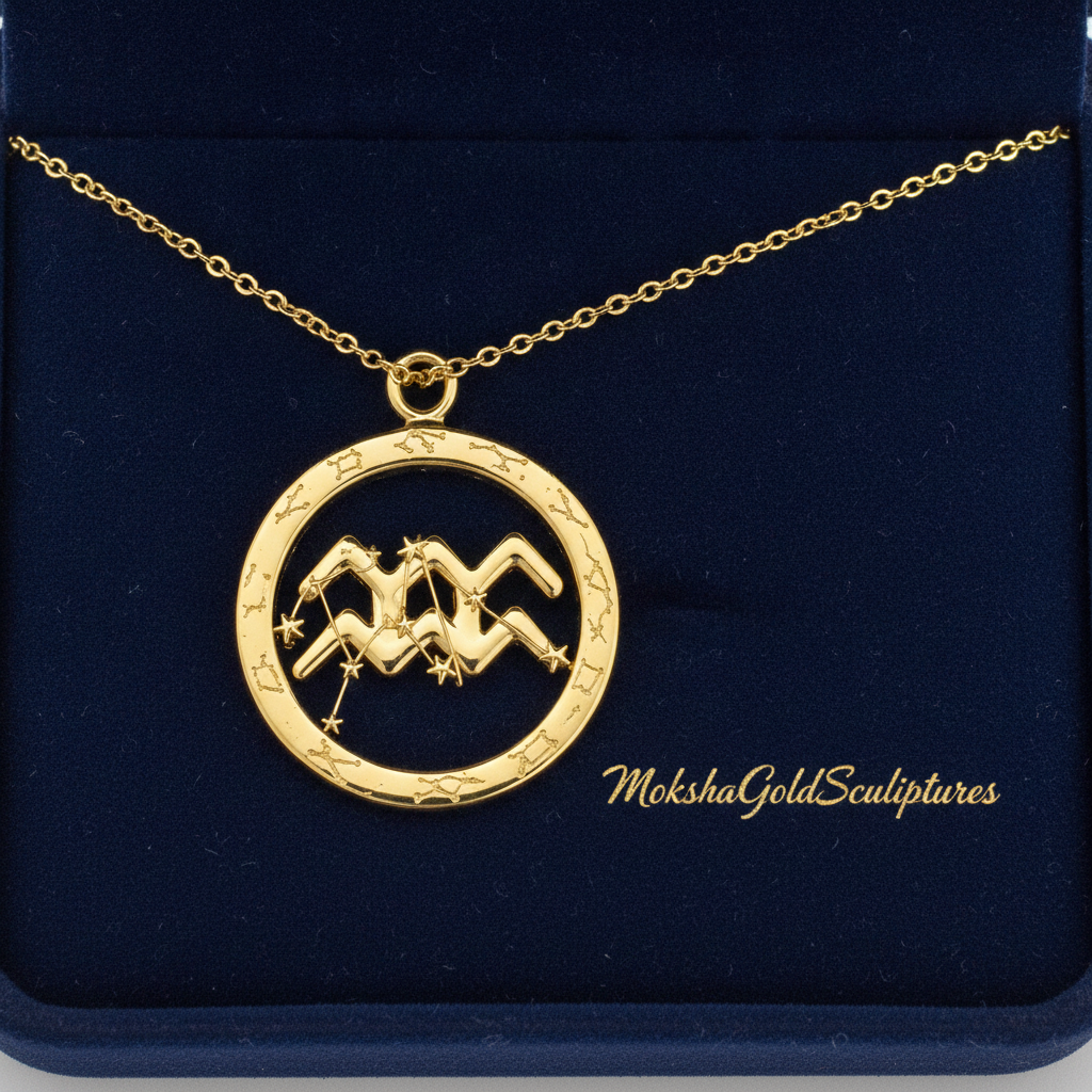 Aquarius Symbol Zodiac Pendant Necklace, 25mm Aquarius Constellation Pendant, Water Bearer Astrology Necklace, 9K Gold, Sterling Silver or Yellow Brass Gift