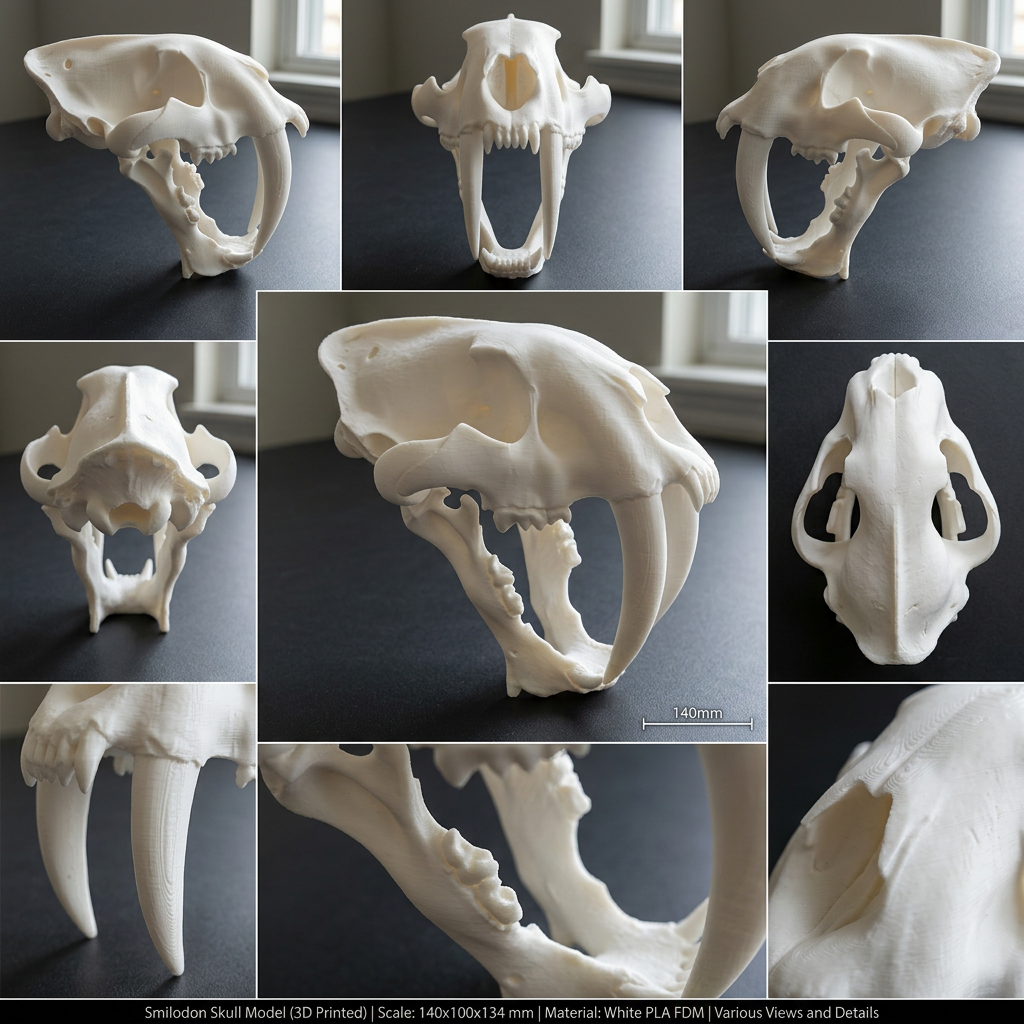 Smilodon Saber Tooth Skull 3D Print | Saber-Toothed Cat Fossil Replica | Desk Decor Skull Model | Prehistoric Gift | PLA Nylon Resin | 140mm Model