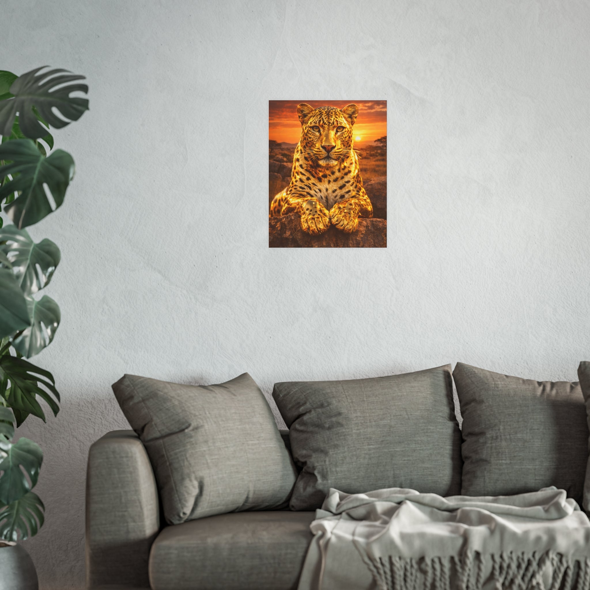 Gold Leopard Statue Wall Art Poster Luxury Safari Animal Decor Realistic Metallic Wildlife Artwork Modern Home Living Room Interior