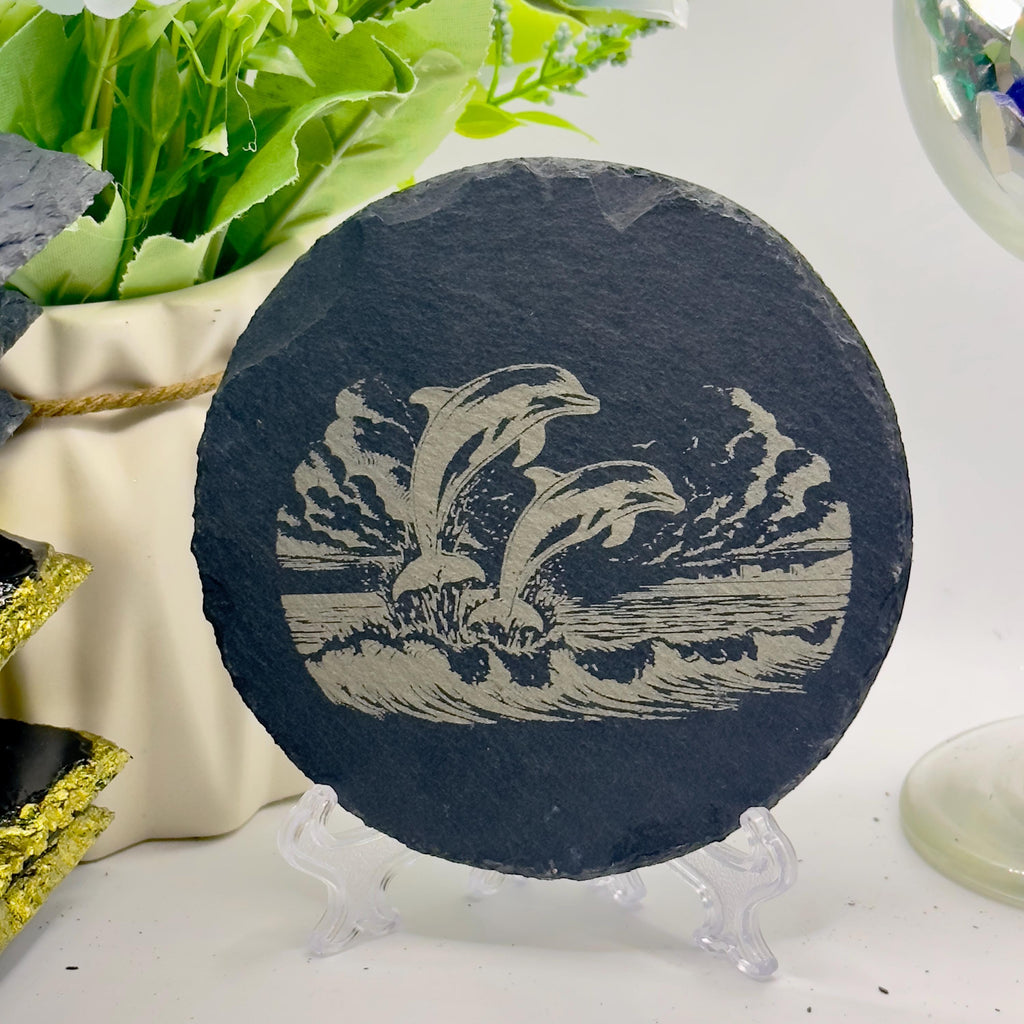 Dolphin Slate Coaster | Handmade Engraved Dolphin Coaster | Marine Wildlife Gift | Ocean Home Decor
