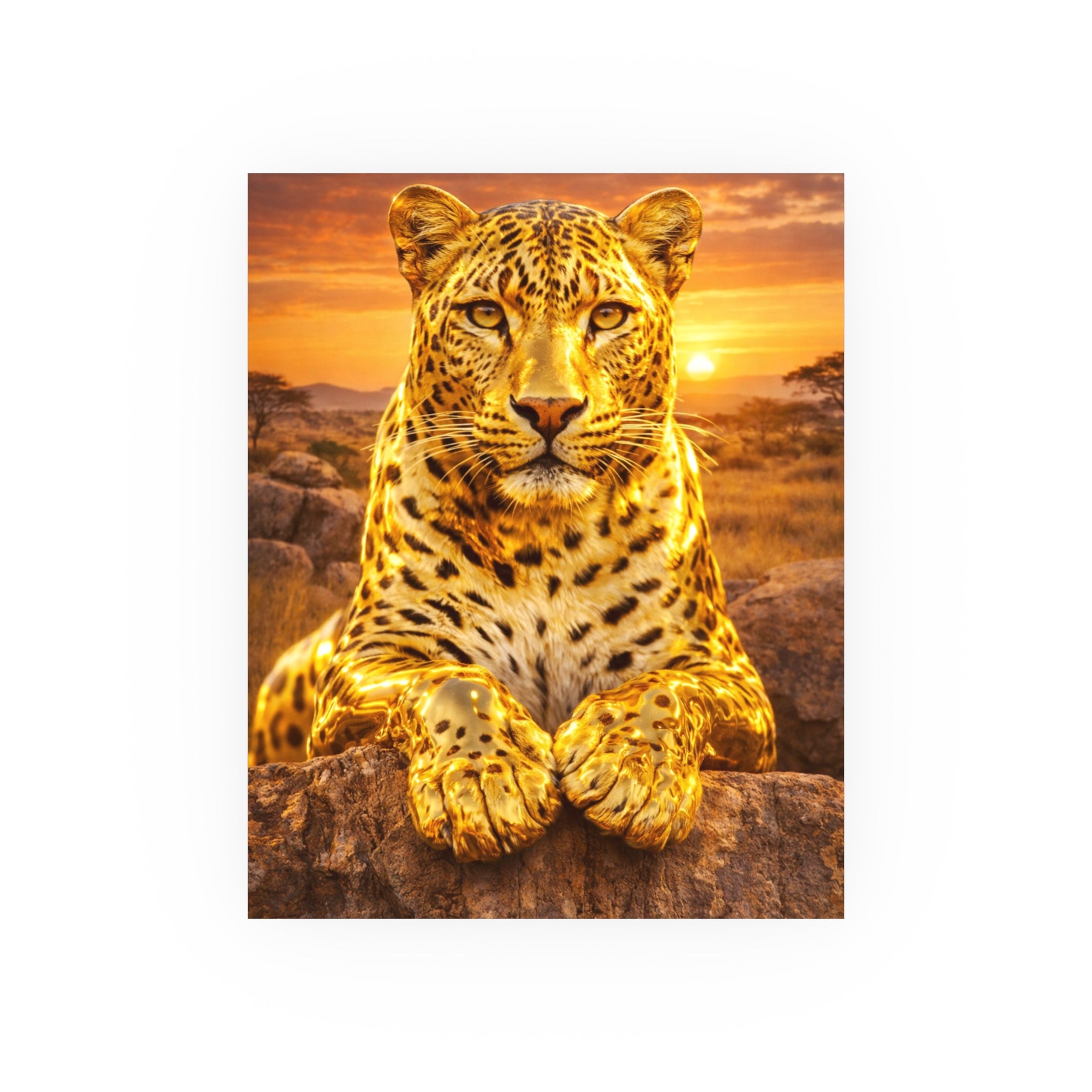 Gold Leopard Statue Wall Art Poster Luxury Safari Animal Decor Realistic Metallic Wildlife Artwork Modern Home Living Room Interior
