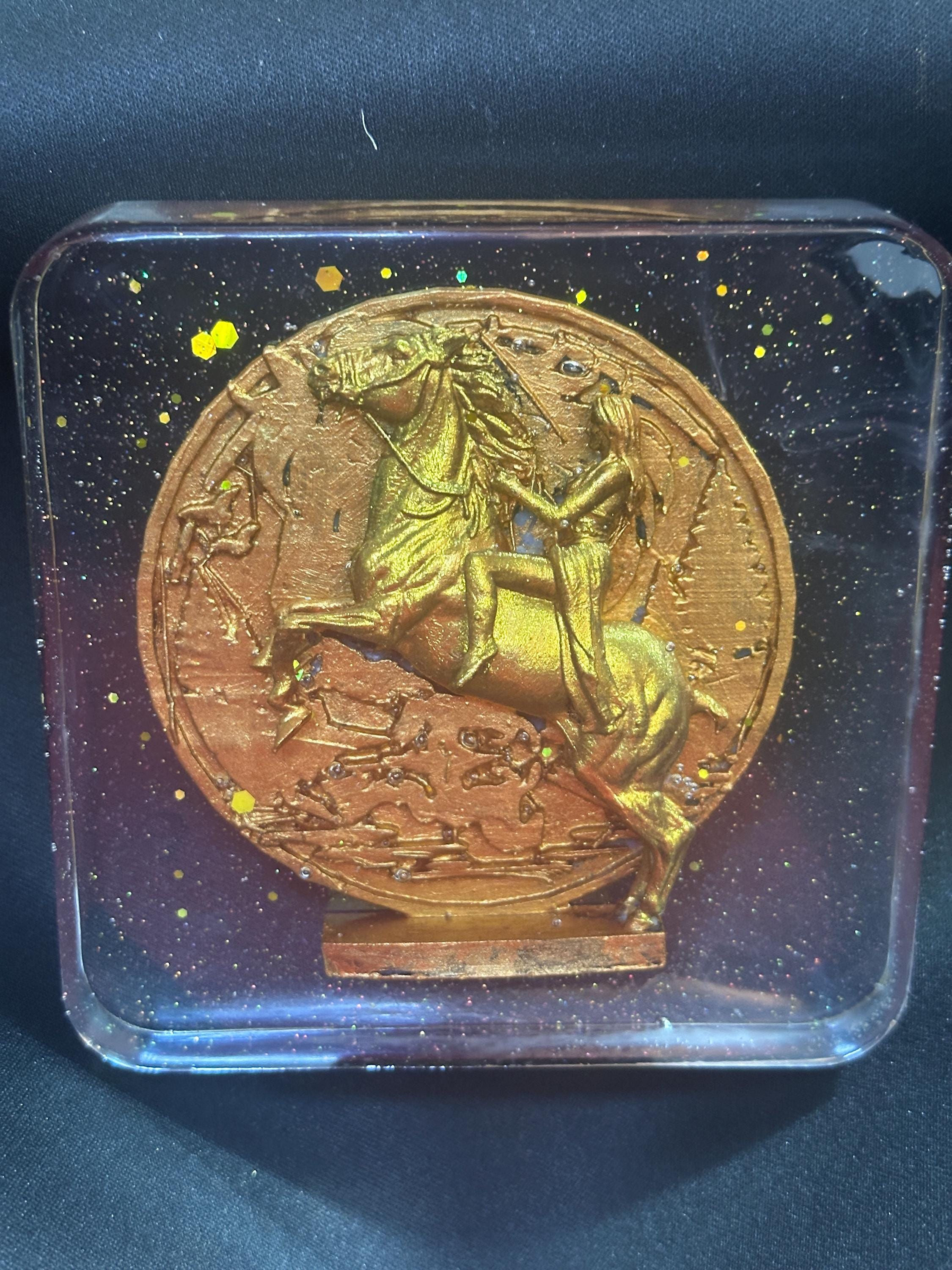 Handmade Horse and Rider Coaster – Bronze and Gold Resin Equestrian Art