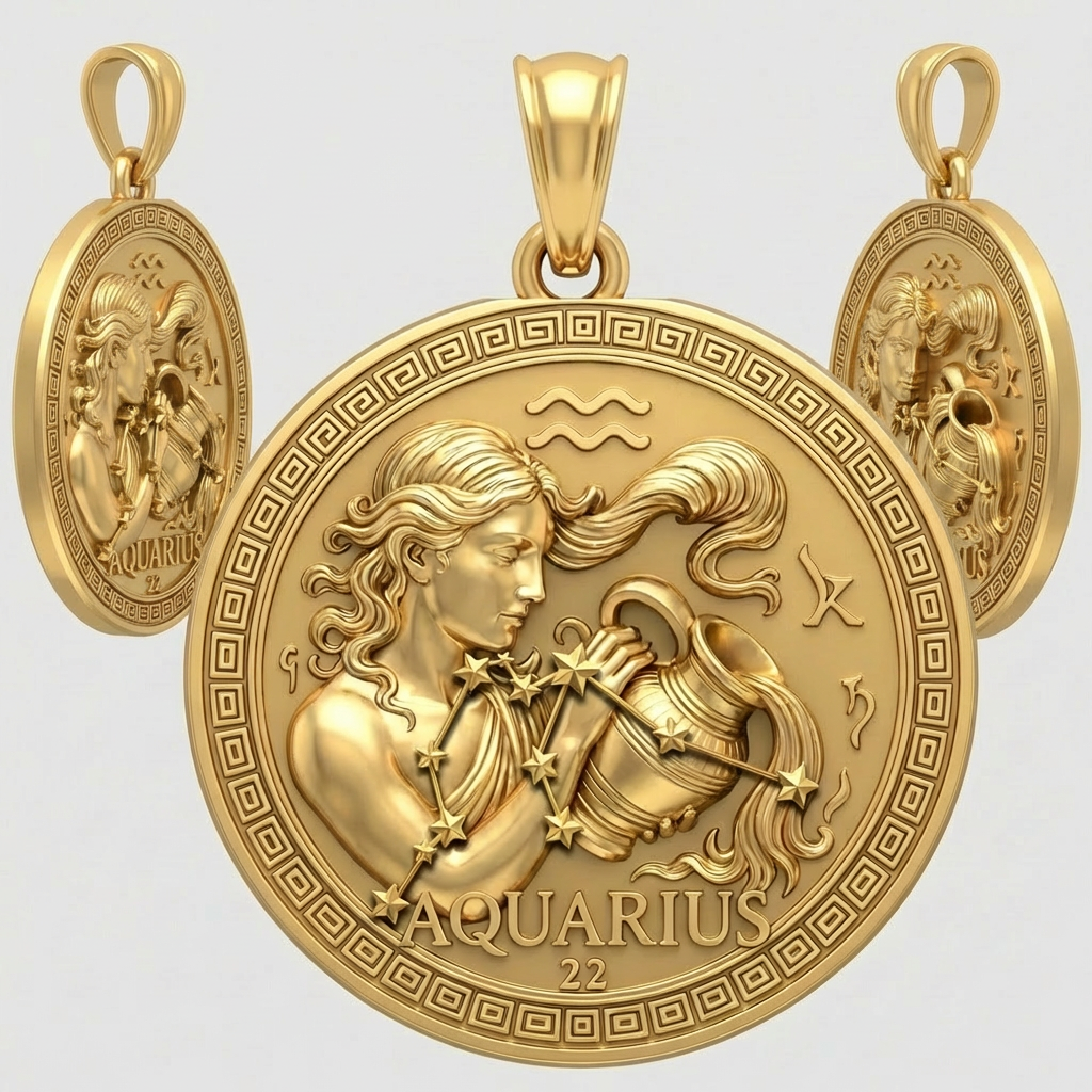Aquarius Zodiac Pendant 3D – Woman Pouring Water, Gold or Silver, 20x5x23mm, Astrology Jewelry Gift for Aquarians