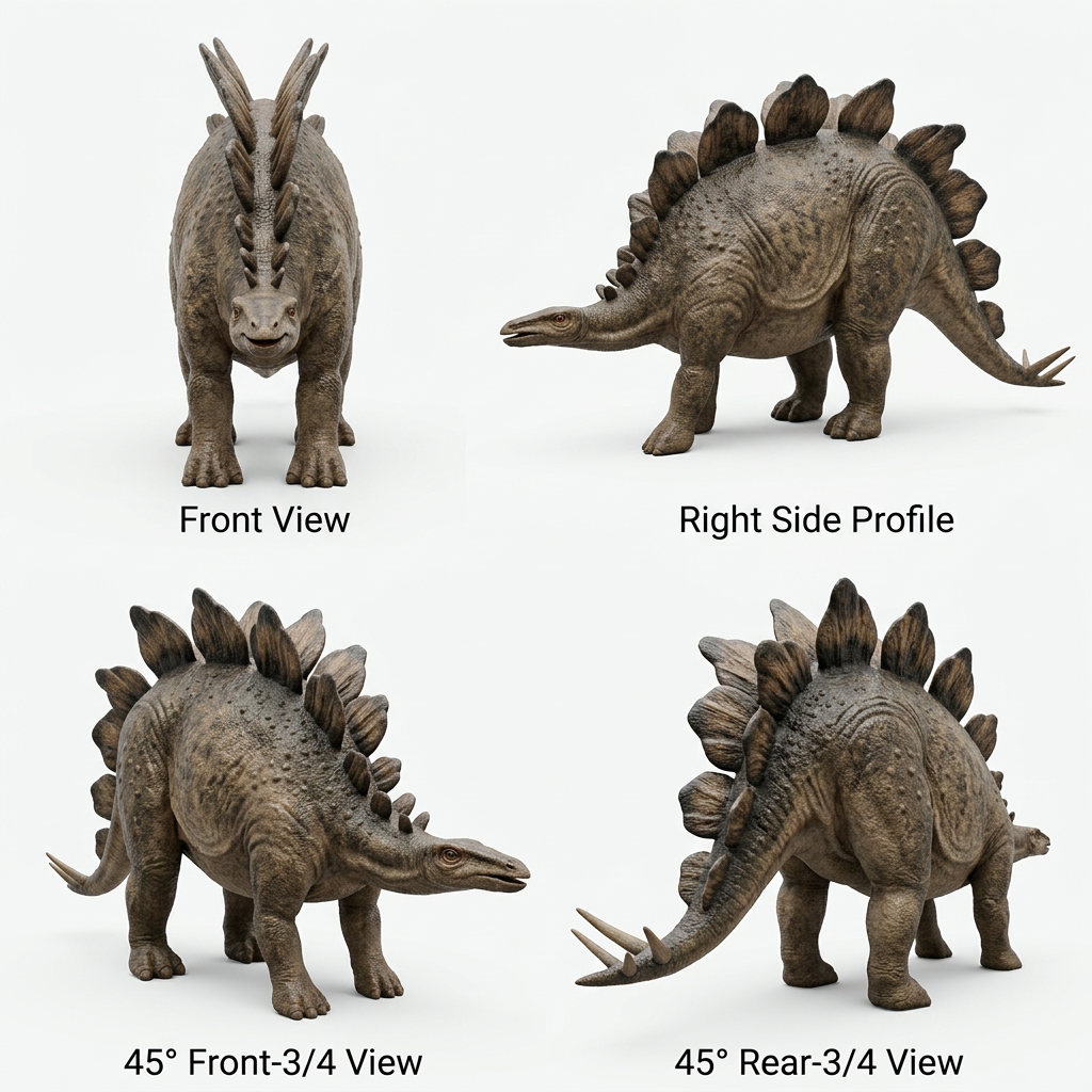 Stegosaurus Dinosaur Model in smooth nylon by MokshaGoldSculptures, shown front, side, and 3/4 angles.