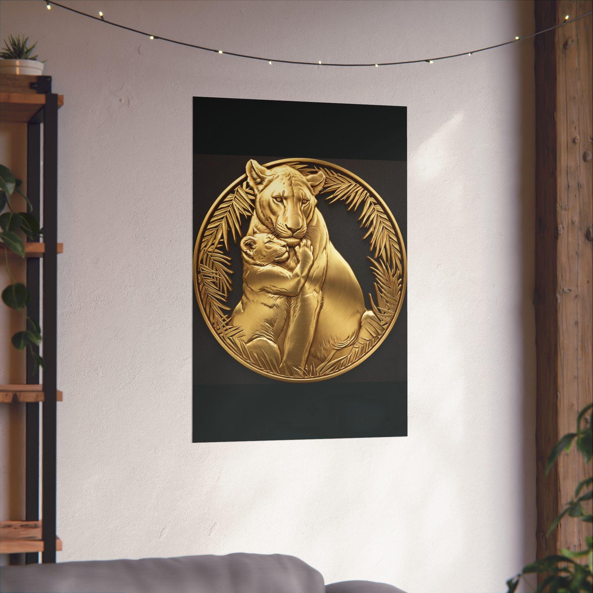 Lion Cub Hugging Lioness Print, Silver Frame Jungle Leaves Wall Art