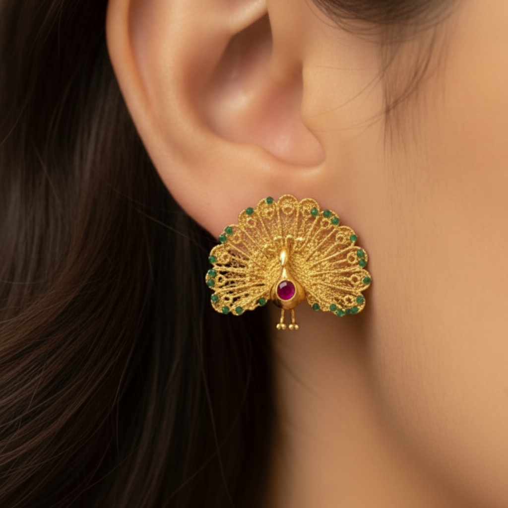 Peacock Stud Earrings in 9K gold by MokshaGoldSculptures on ear, fan tail design, elegant statement jewellery.