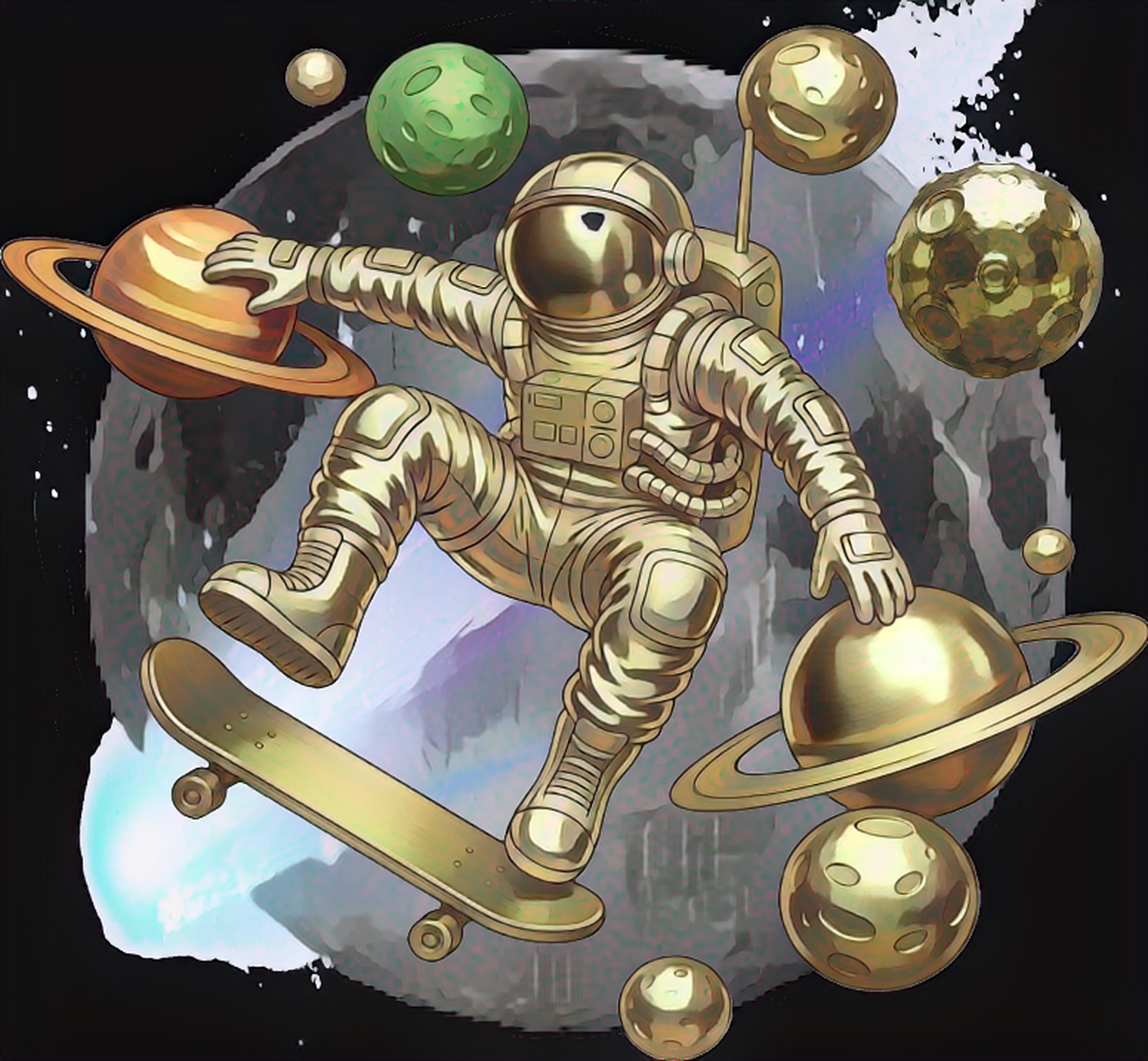 3D Effect Cosmic Skater Astronaut Hoodie Bold Space Graphic Sweatshirt for Teens