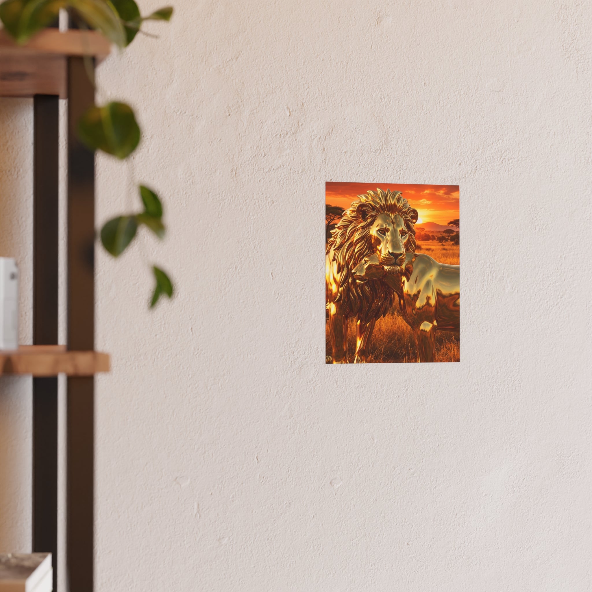 Golden Lion Art Poster — Metallic Sunset Wildlife Print