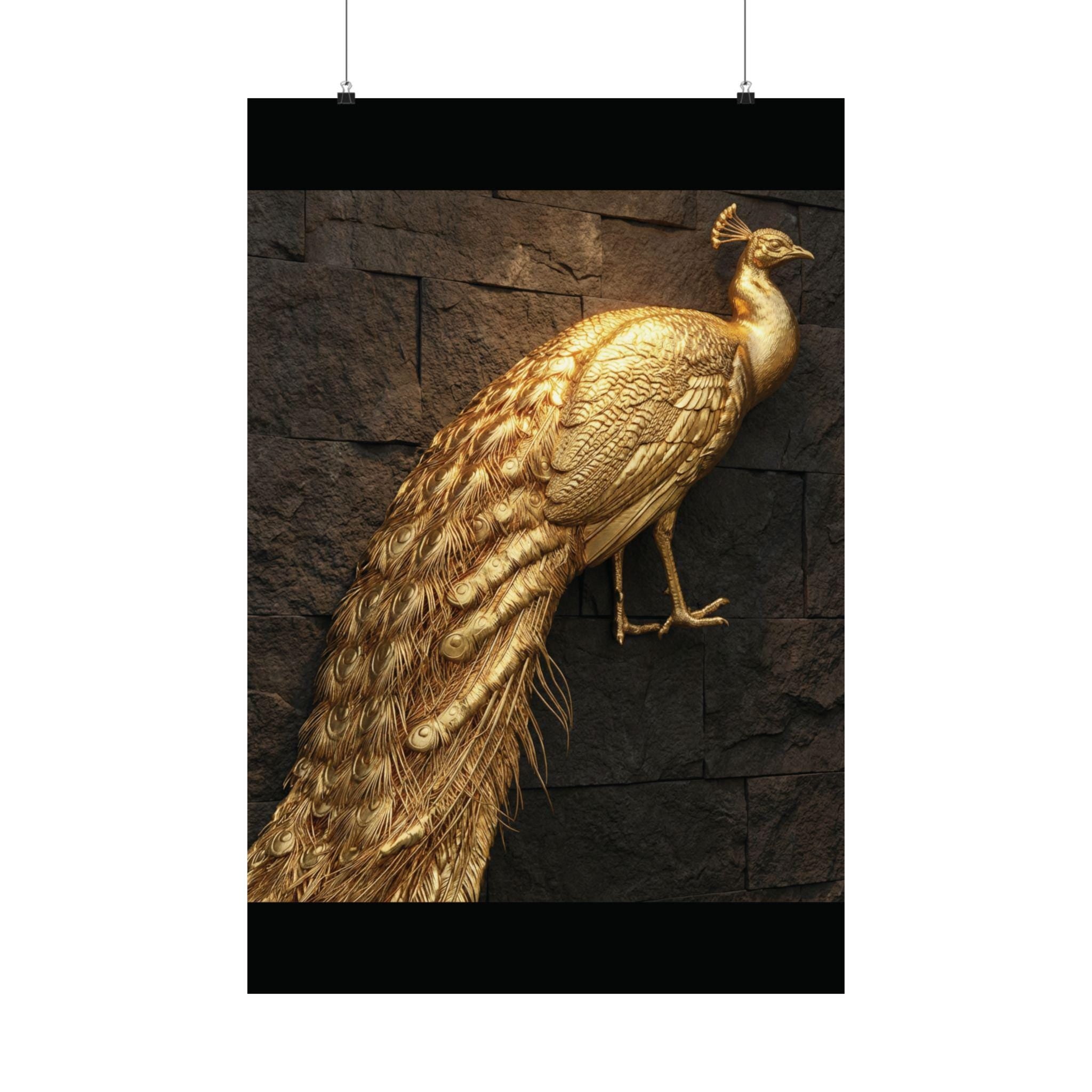 Golden Peacock Poster on Dark Brick Wall, Exotic Wildlife Wall Art, Elegant Home Decor