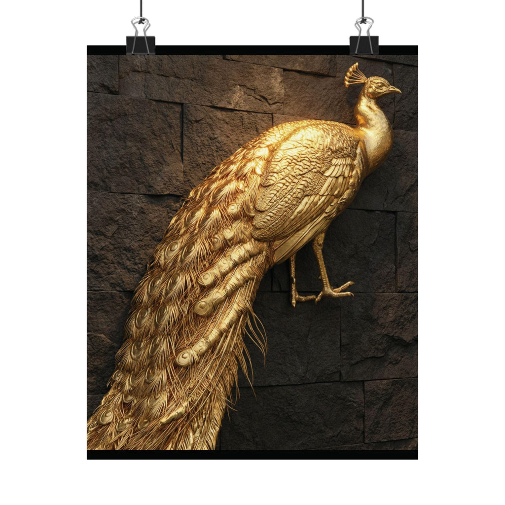 Golden Peacock Poster on Dark Brick Wall, Exotic Wildlife Wall Art, Elegant Home Decor