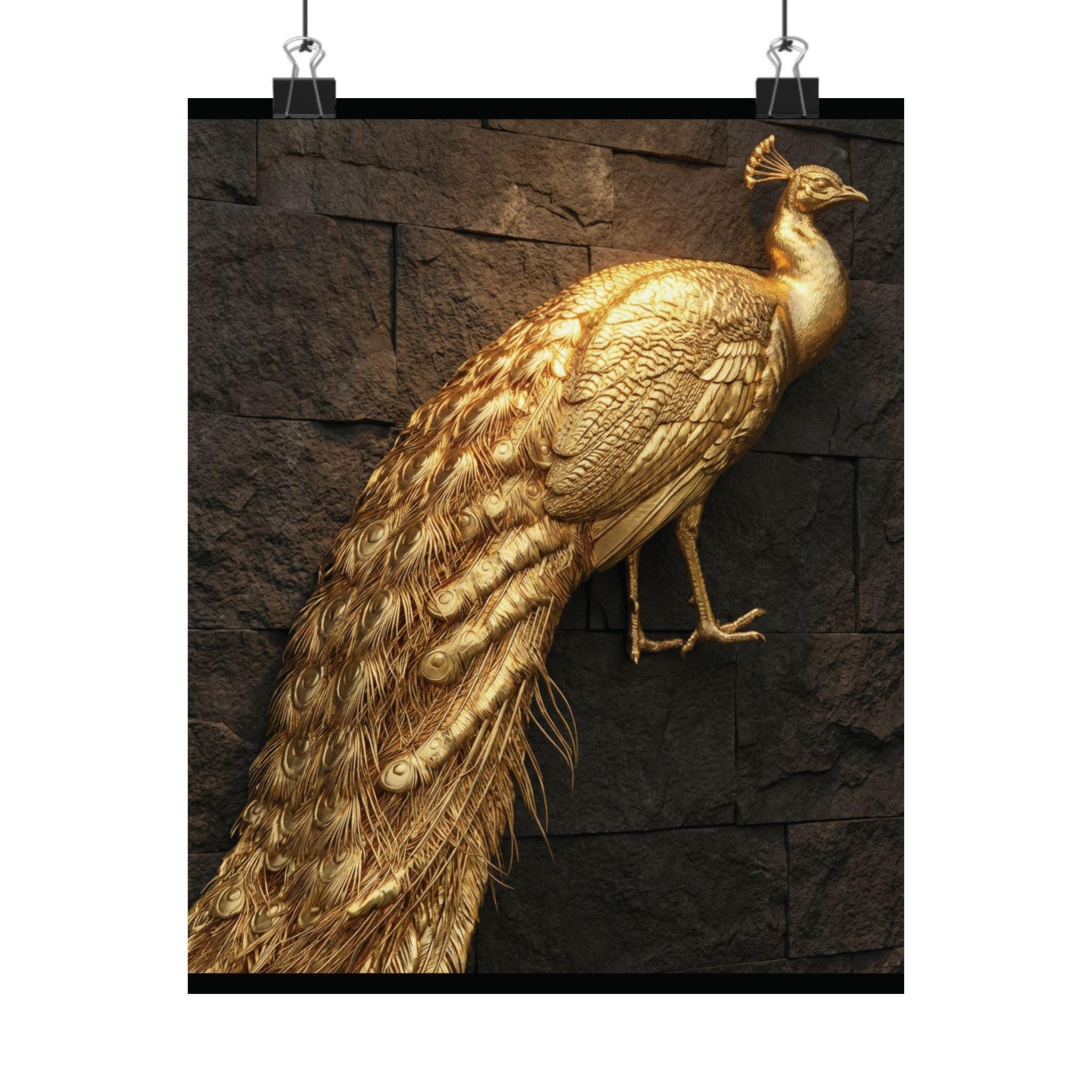 Golden Peacock Poster on Dark Brick Wall, Exotic Wildlife Wall Art, Elegant Home Decor