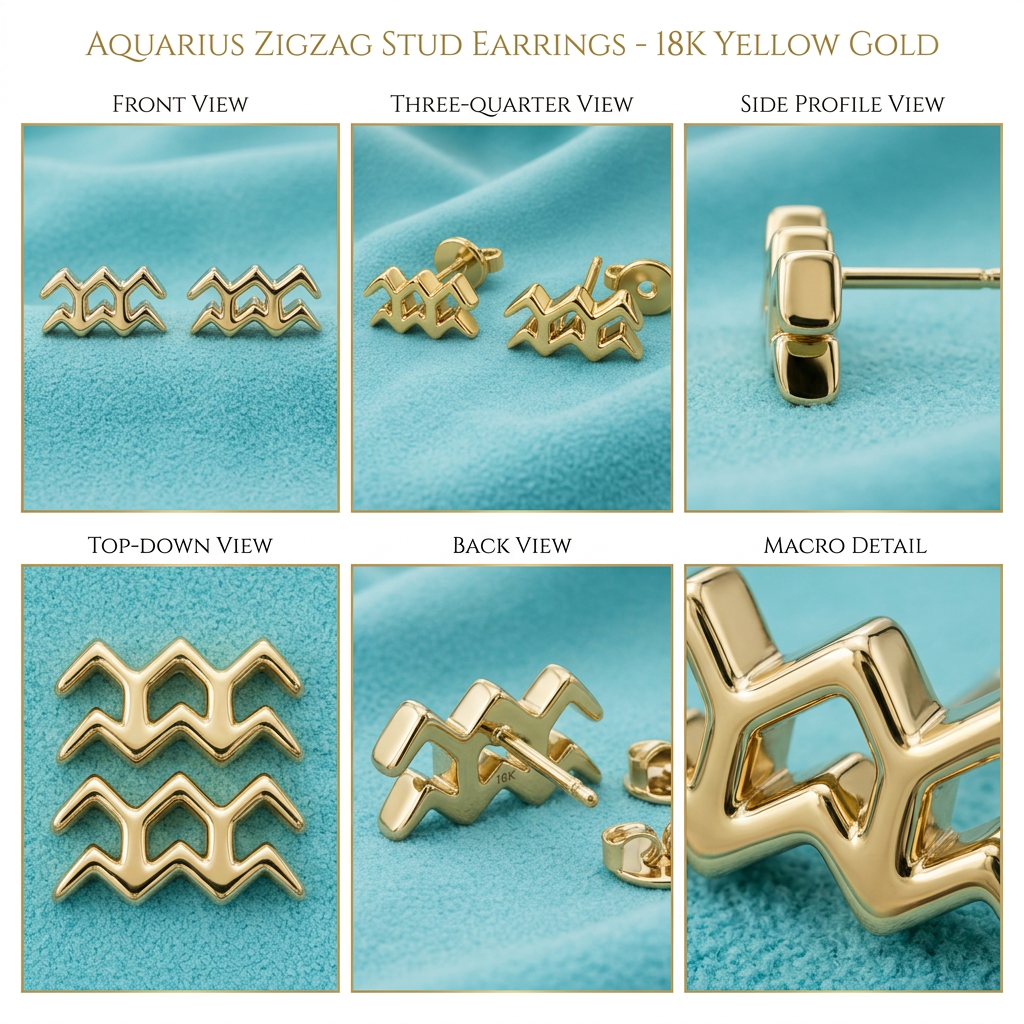 Aquarius Symbol Stud Earrings in Solid Gold | Zodiac Stud Earrings | 12 × 5.5 × 2 mm