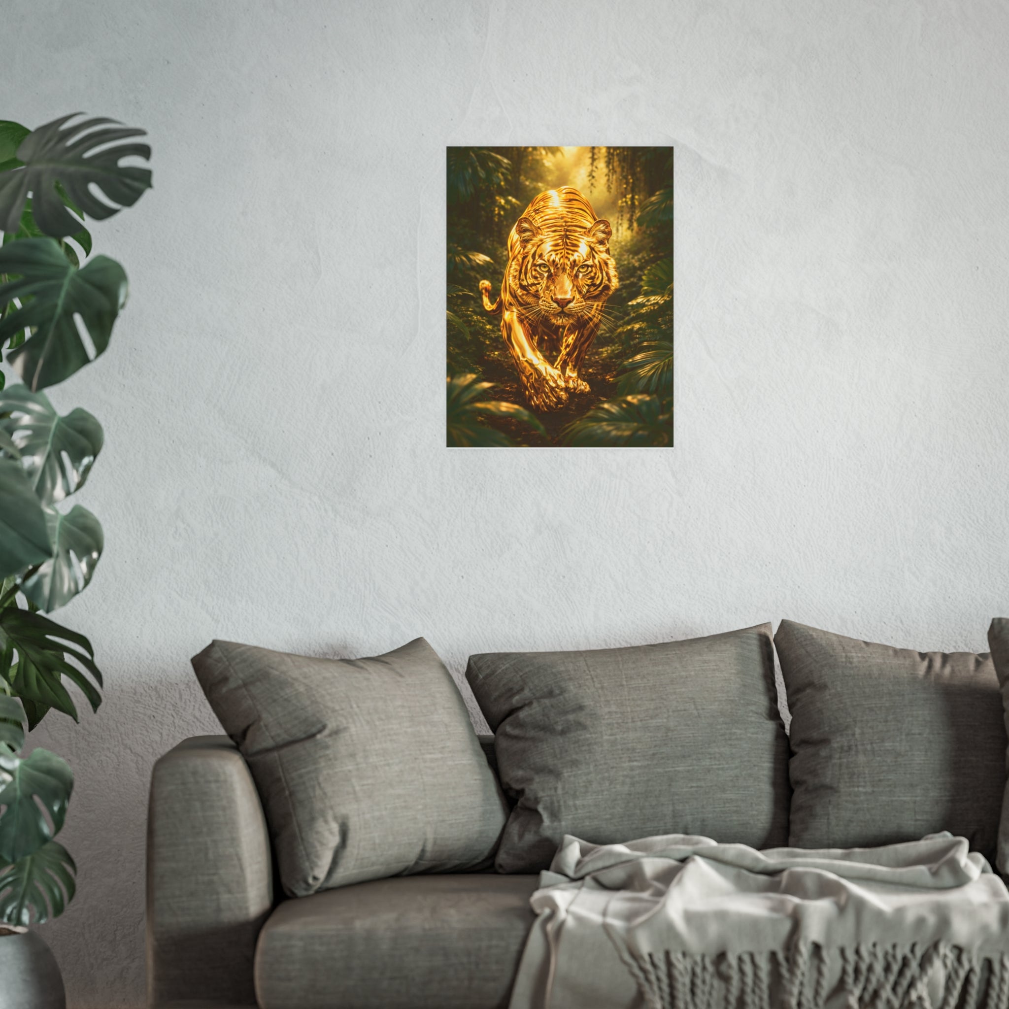 Golden Jungle Tiger Wall Art – Polished Gold Tiger Poster Luxury Wildlife Decor
